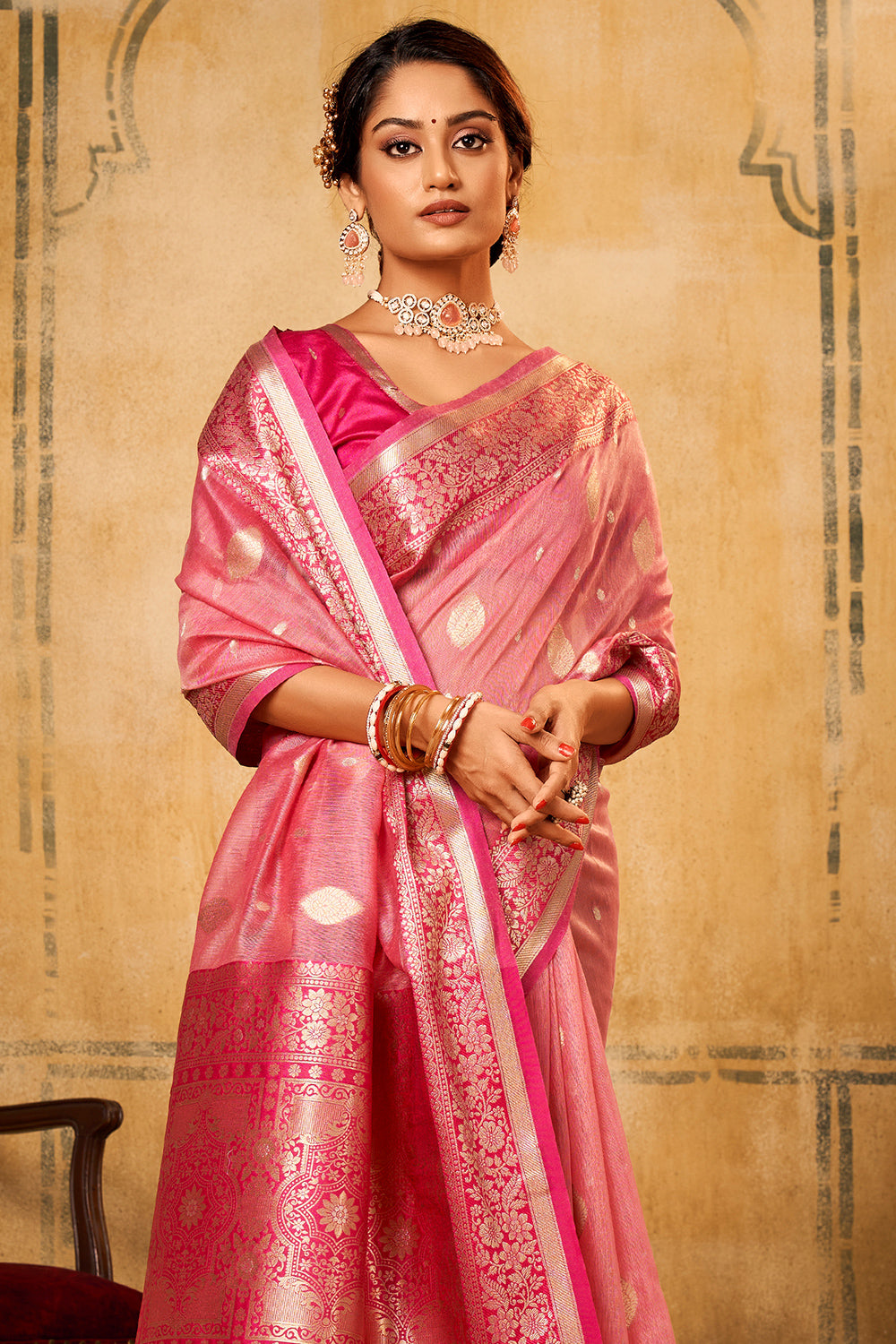 Flamingo Pink Banarasi Saree