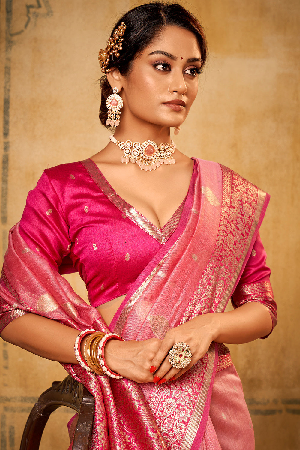 Flamingo Pink Banarasi Saree