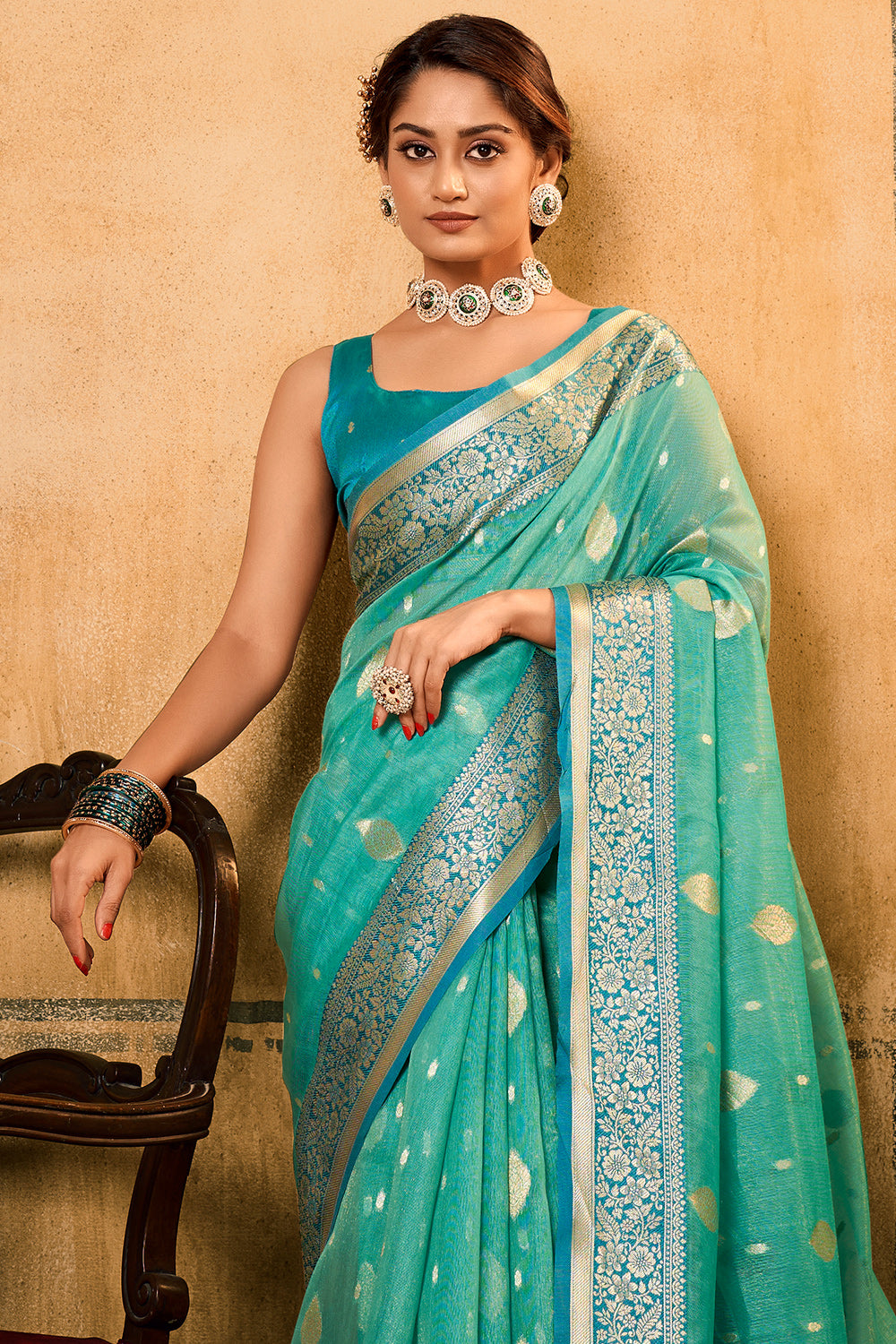 Seafoam Green Banarasi Saree