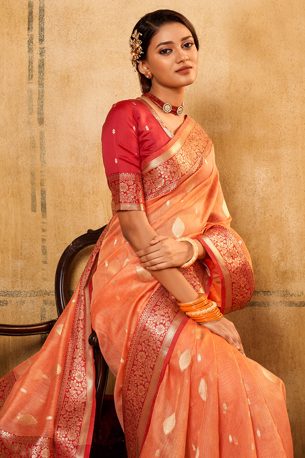 Cantaloupe Orange Banarasi Saree