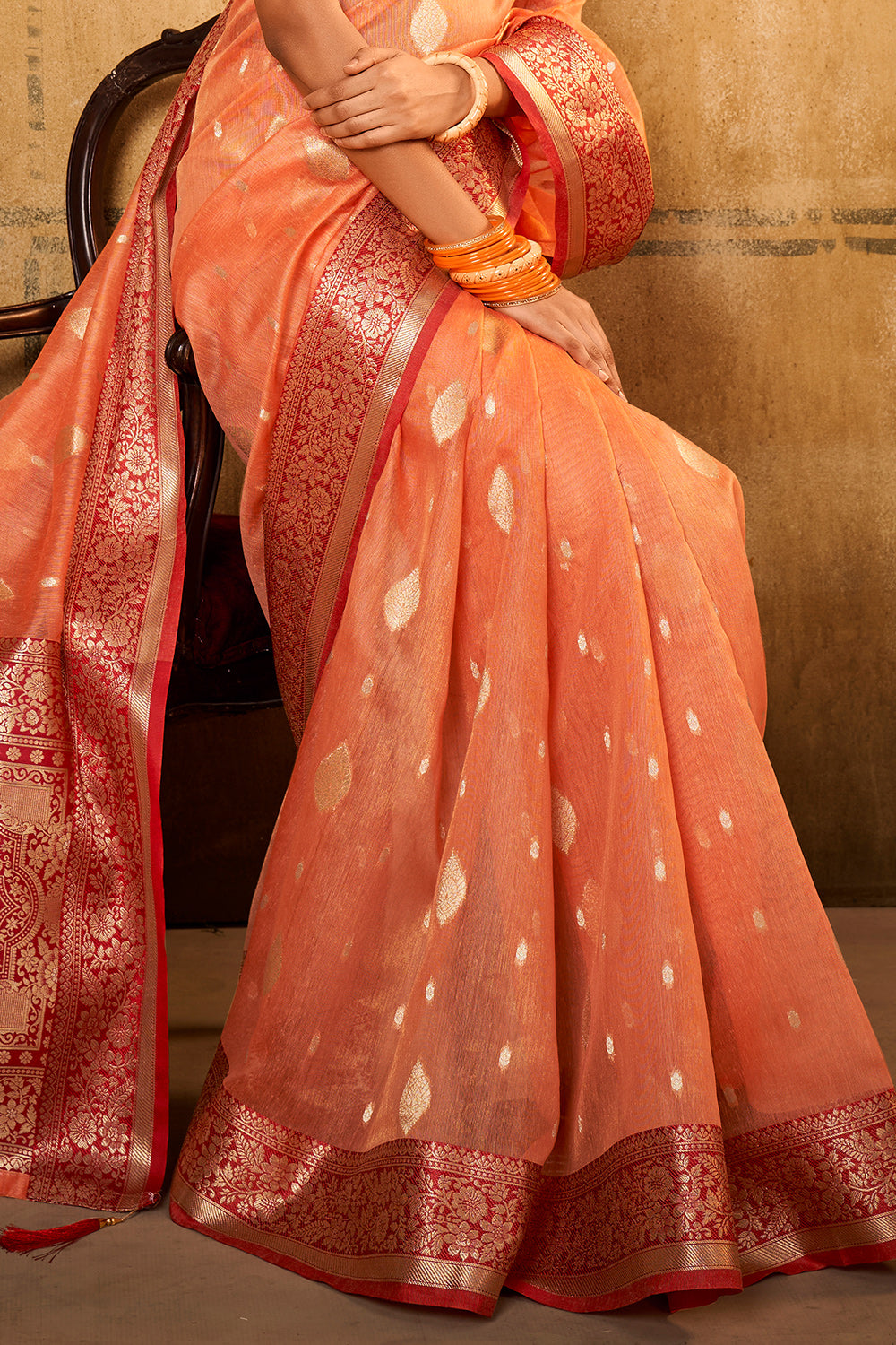 Cantaloupe Orange Banarasi Saree