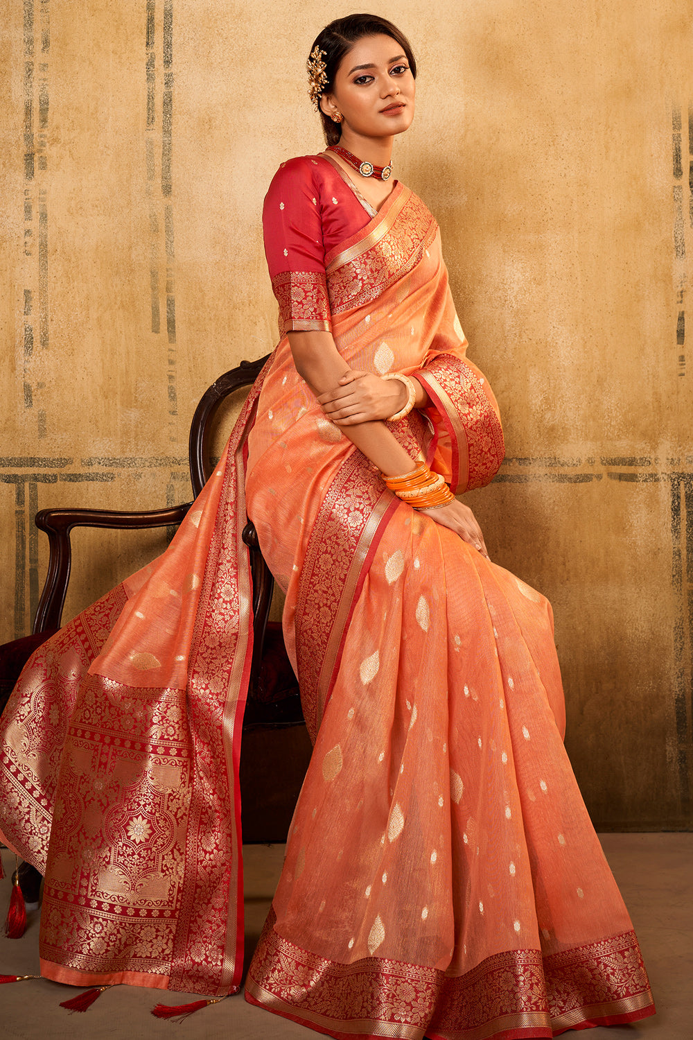 Cantaloupe Orange Banarasi Saree