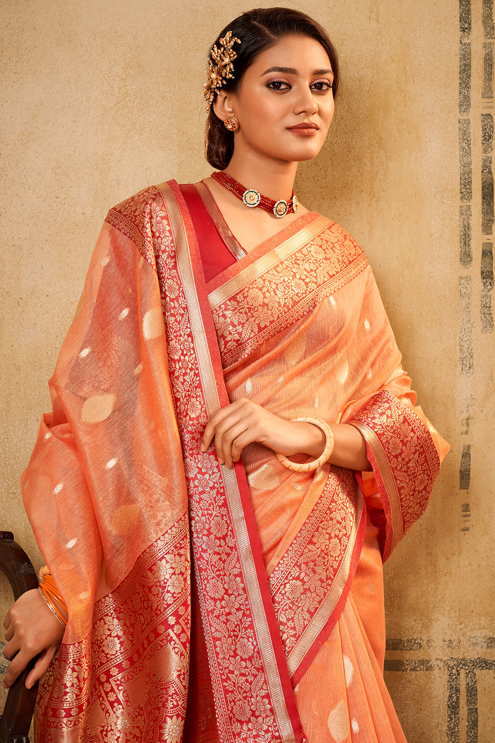 Cantaloupe Orange Banarasi Saree