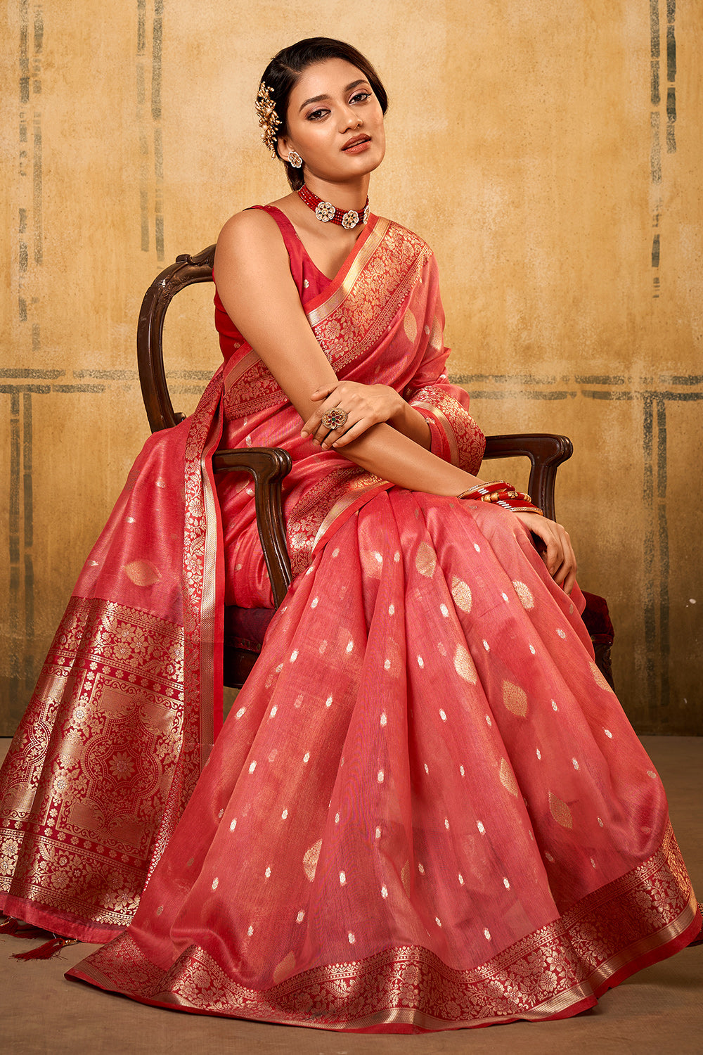 Watermelon Pink Banarasi Saree