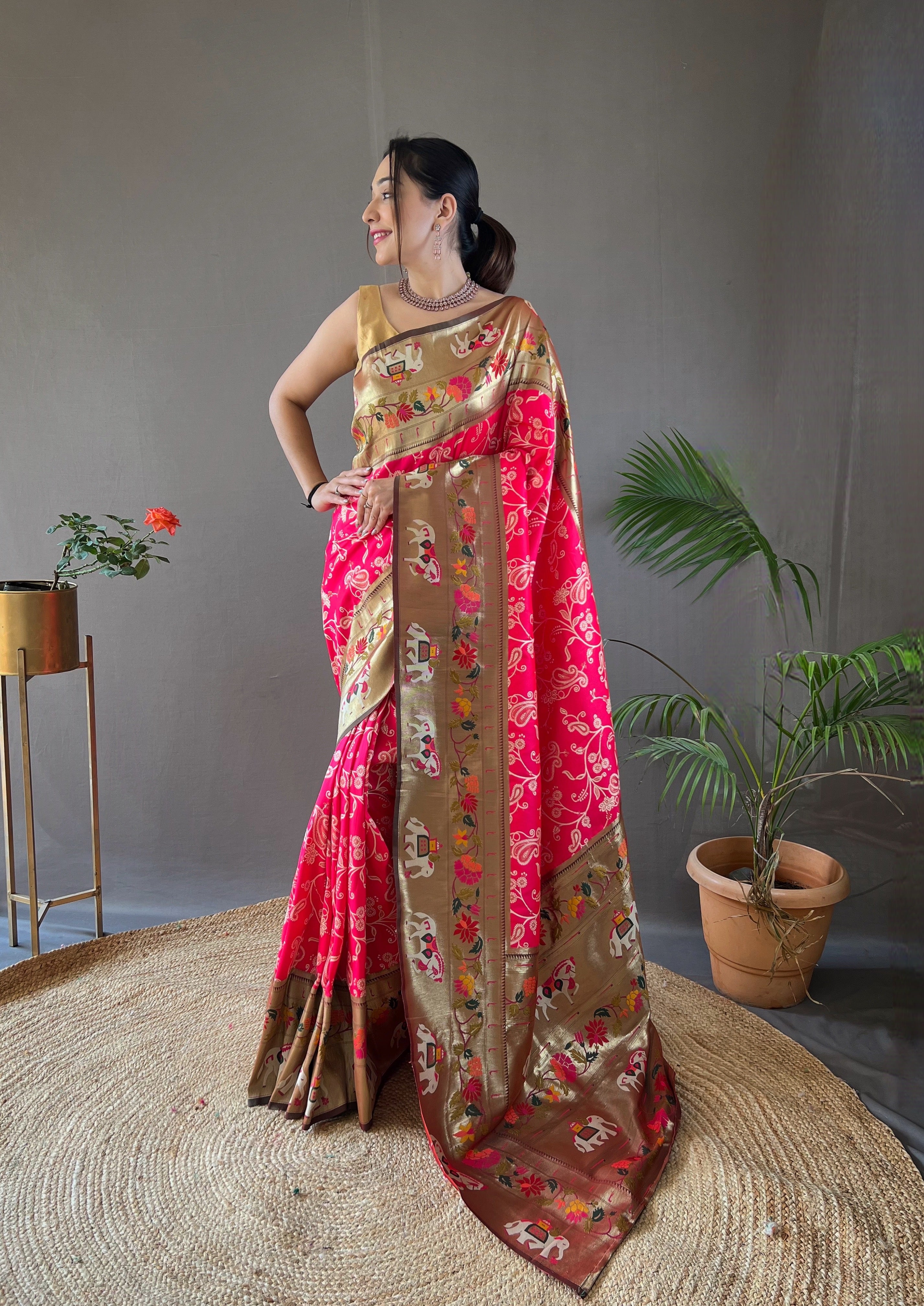 PINK Lucknowi Weaving SAREE