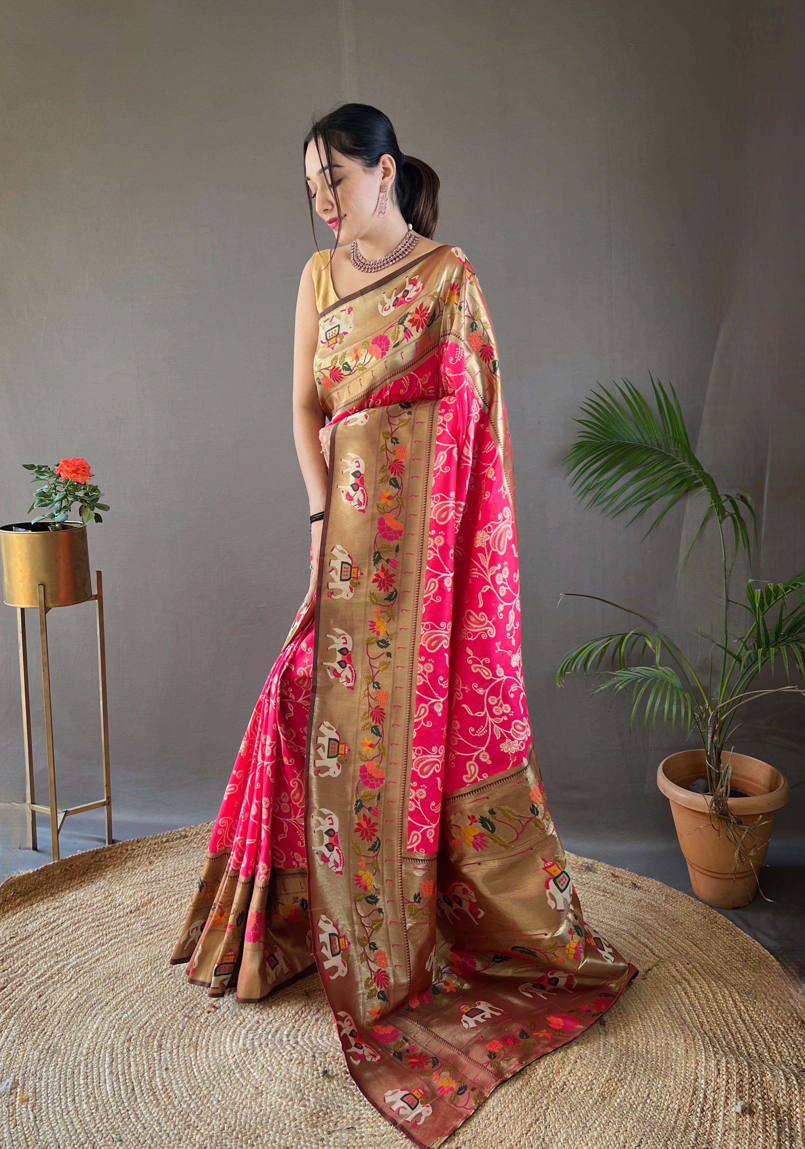 PINK Lucknowi Weaving SAREE