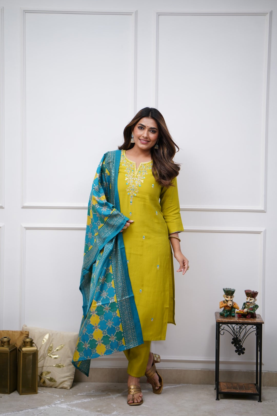 Lemon Yellow Women Embroidered Chanderi Silk Kurta Set