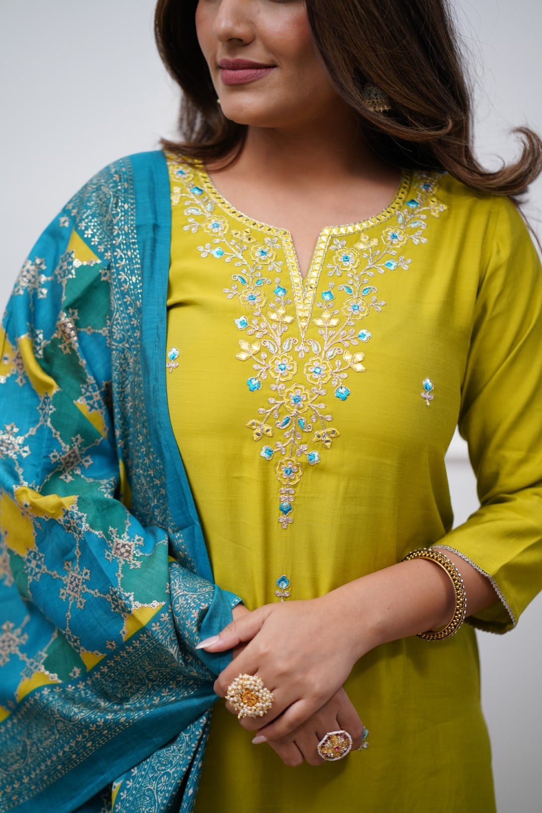 Lemon Yellow Women Embroidered Chanderi Silk Kurta Set