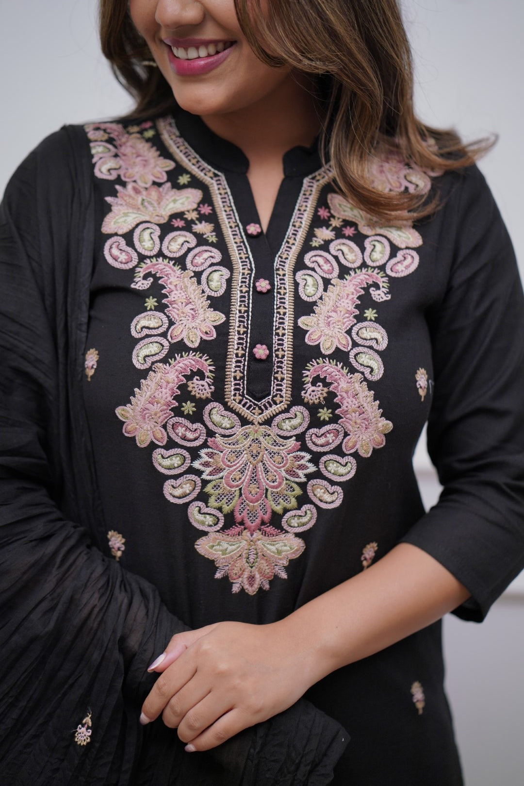 Black Women Embroidered Chanderi Silk Kurta Set