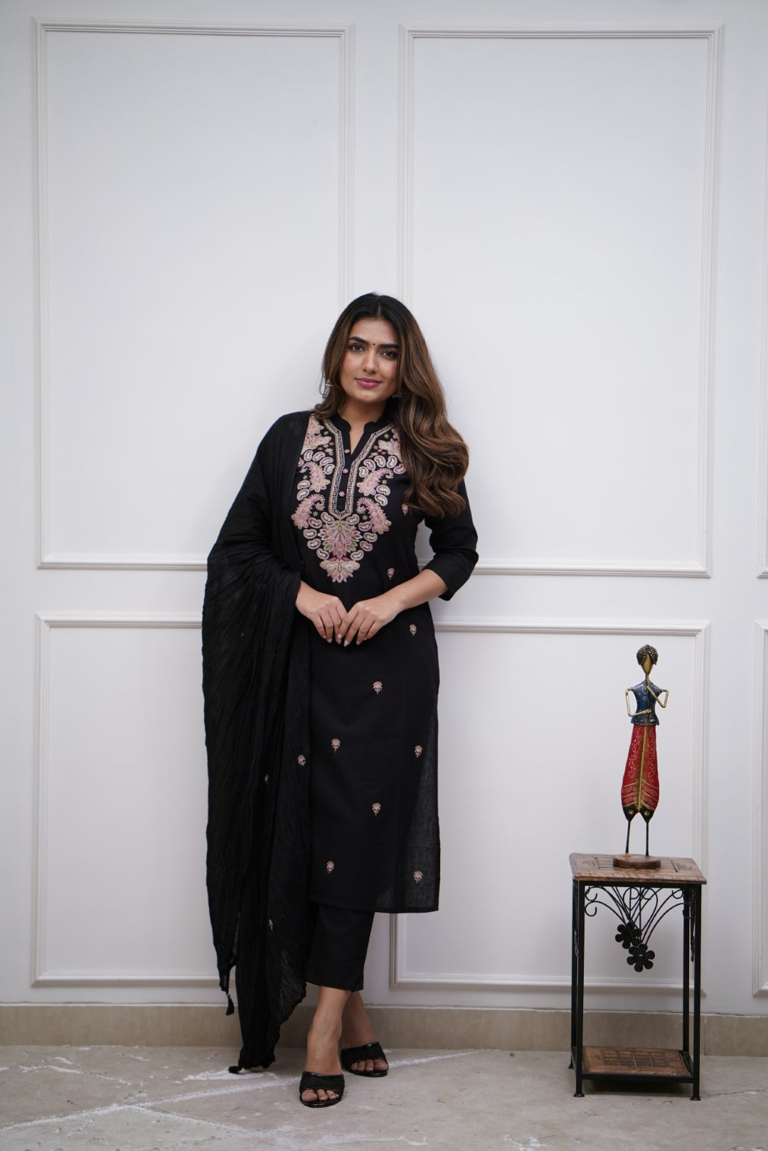 Black Women Embroidered Chanderi Silk Kurta Set