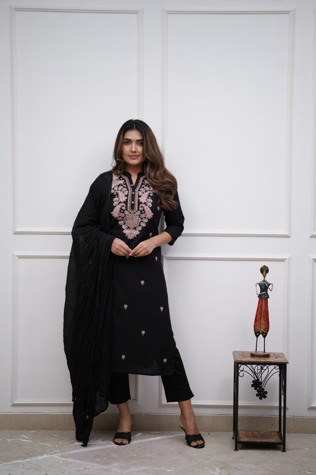 Black Women Embroidered Chanderi Silk Kurta Set