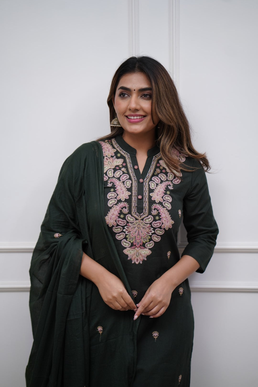 Bottle Green Women Embroidered Chanderi SILK kurta set