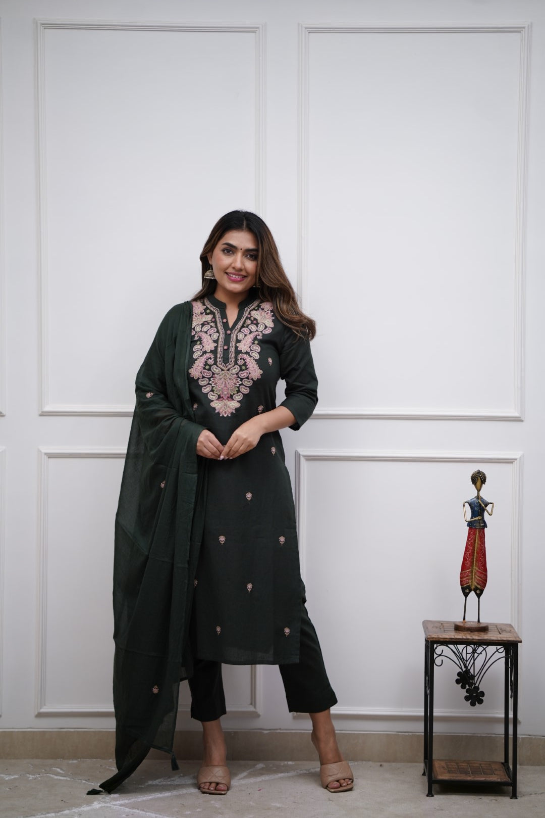 Bottle Green Women Embroidered Chanderi SILK kurta set