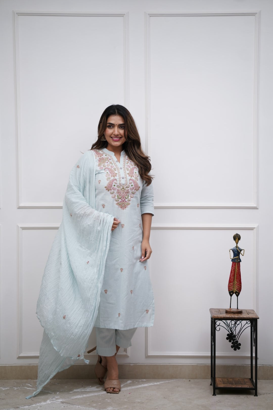 Sky Blue Women Embroidered Chanderi Silk Kurta Set