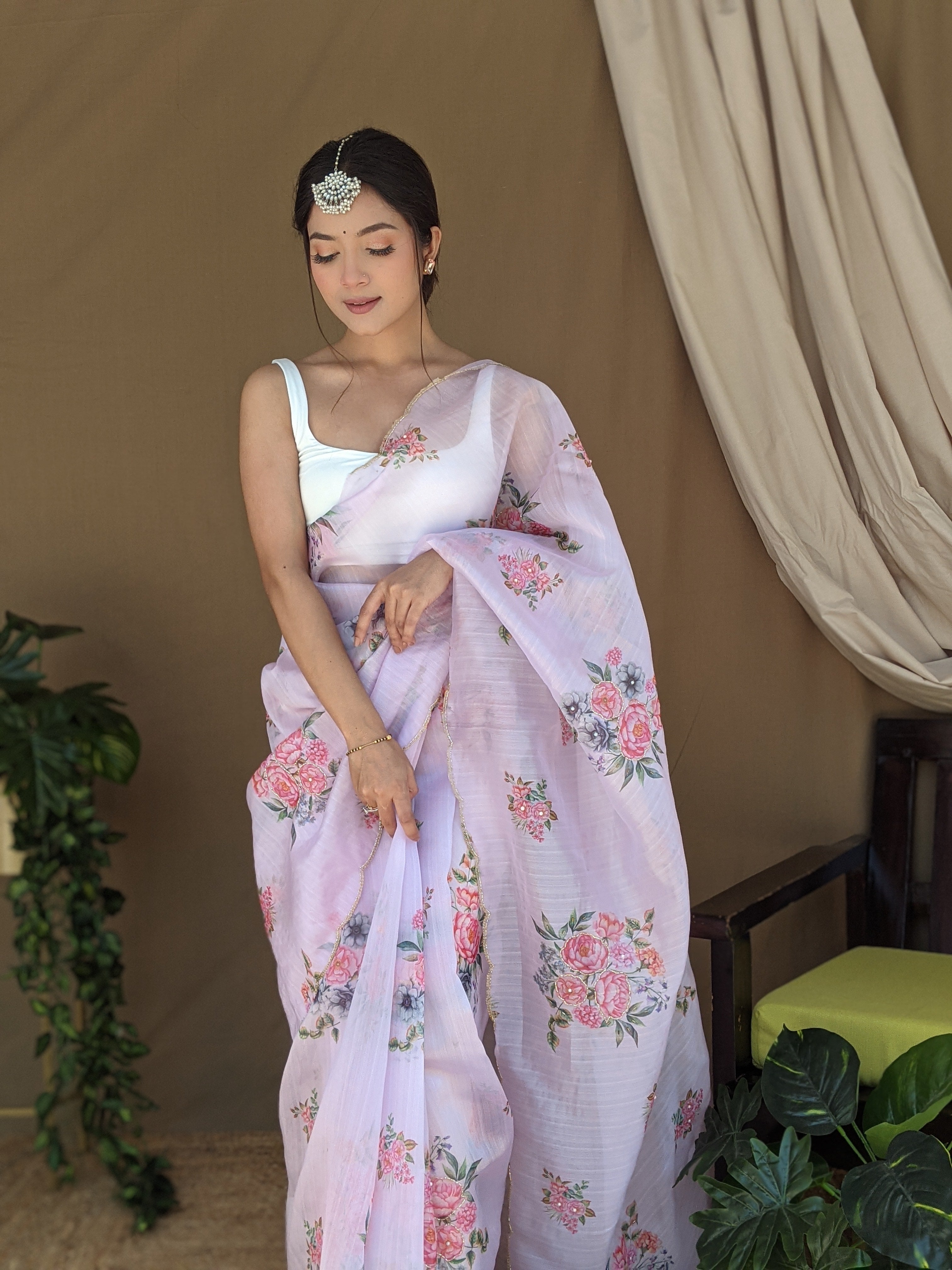 Pink Khadi Organza Saree With Satin Benglori Blouse