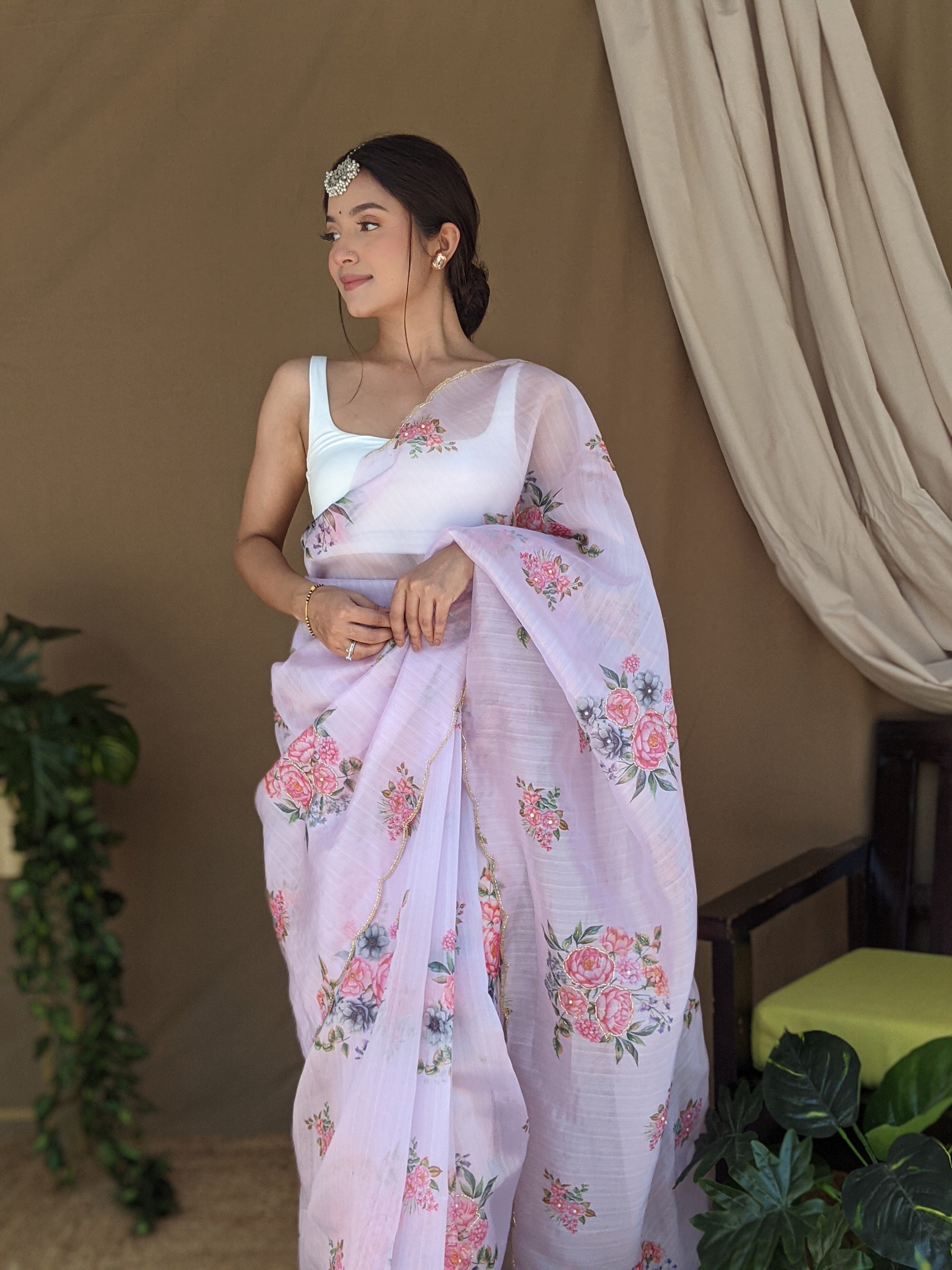 Pink Khadi Organza Saree With Satin Benglori Blouse