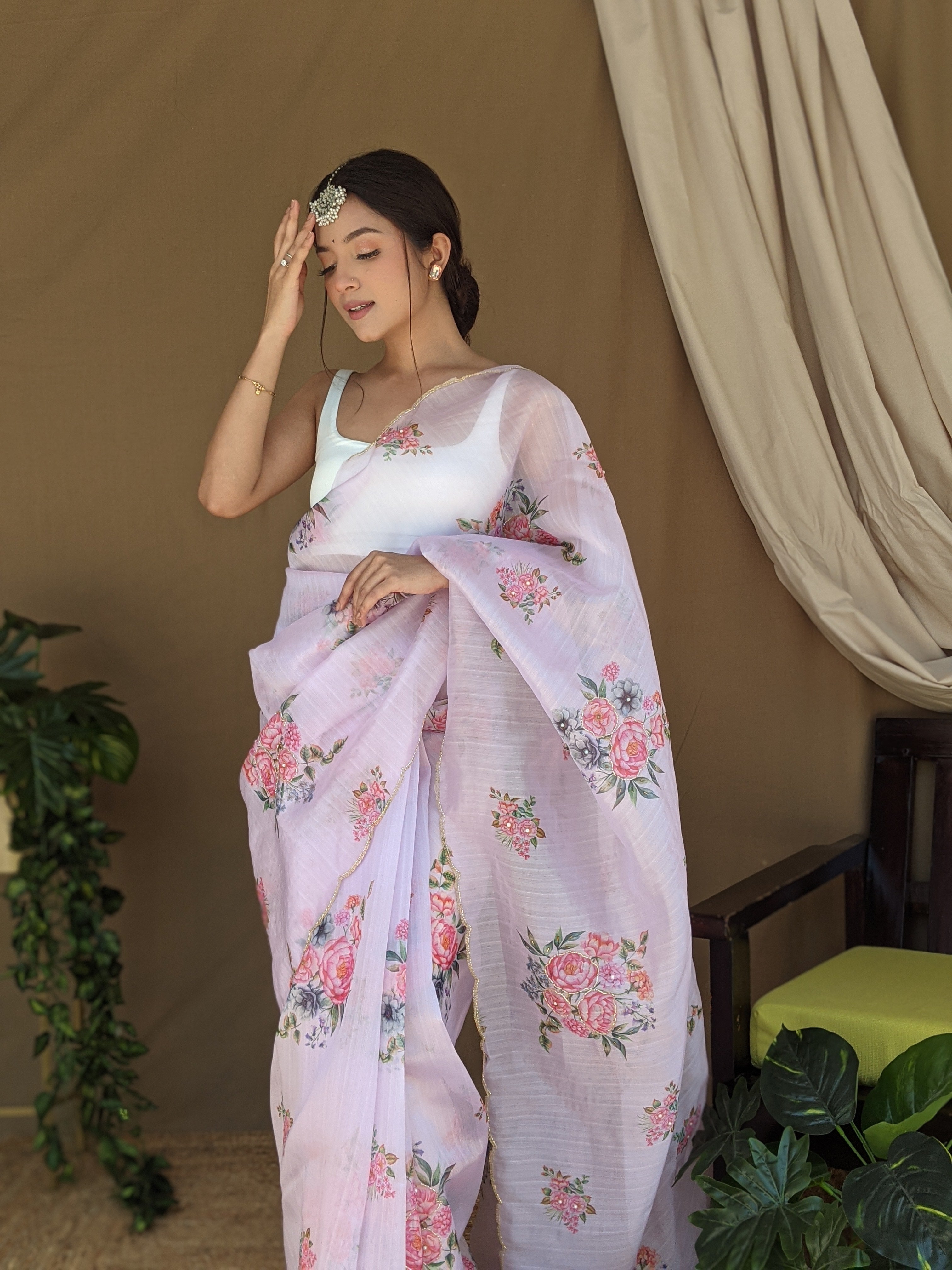 Pink Khadi Organza Saree With Satin Benglori Blouse