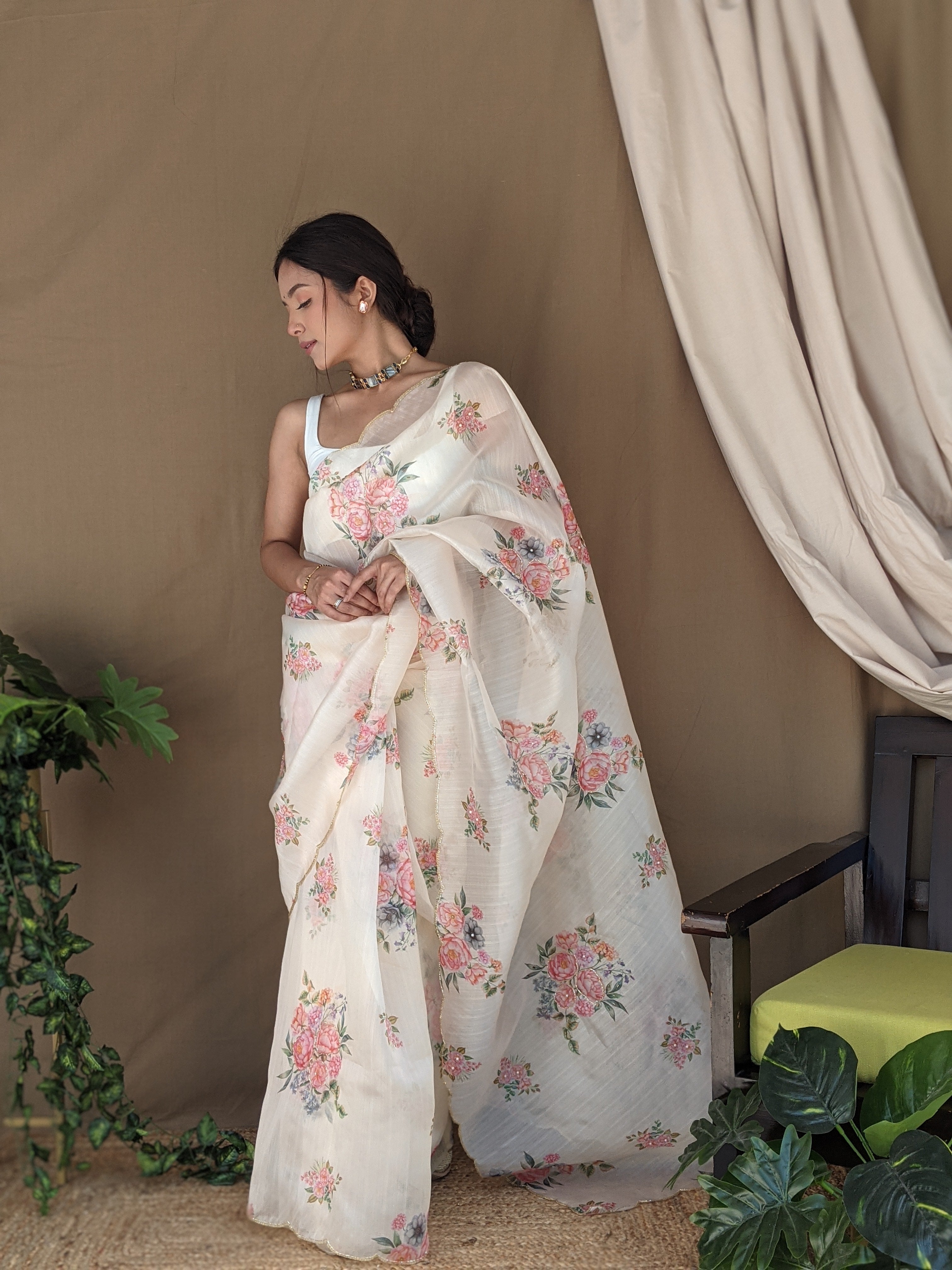 Cream Khadi Organza Saree With Satin Benglori Blouse