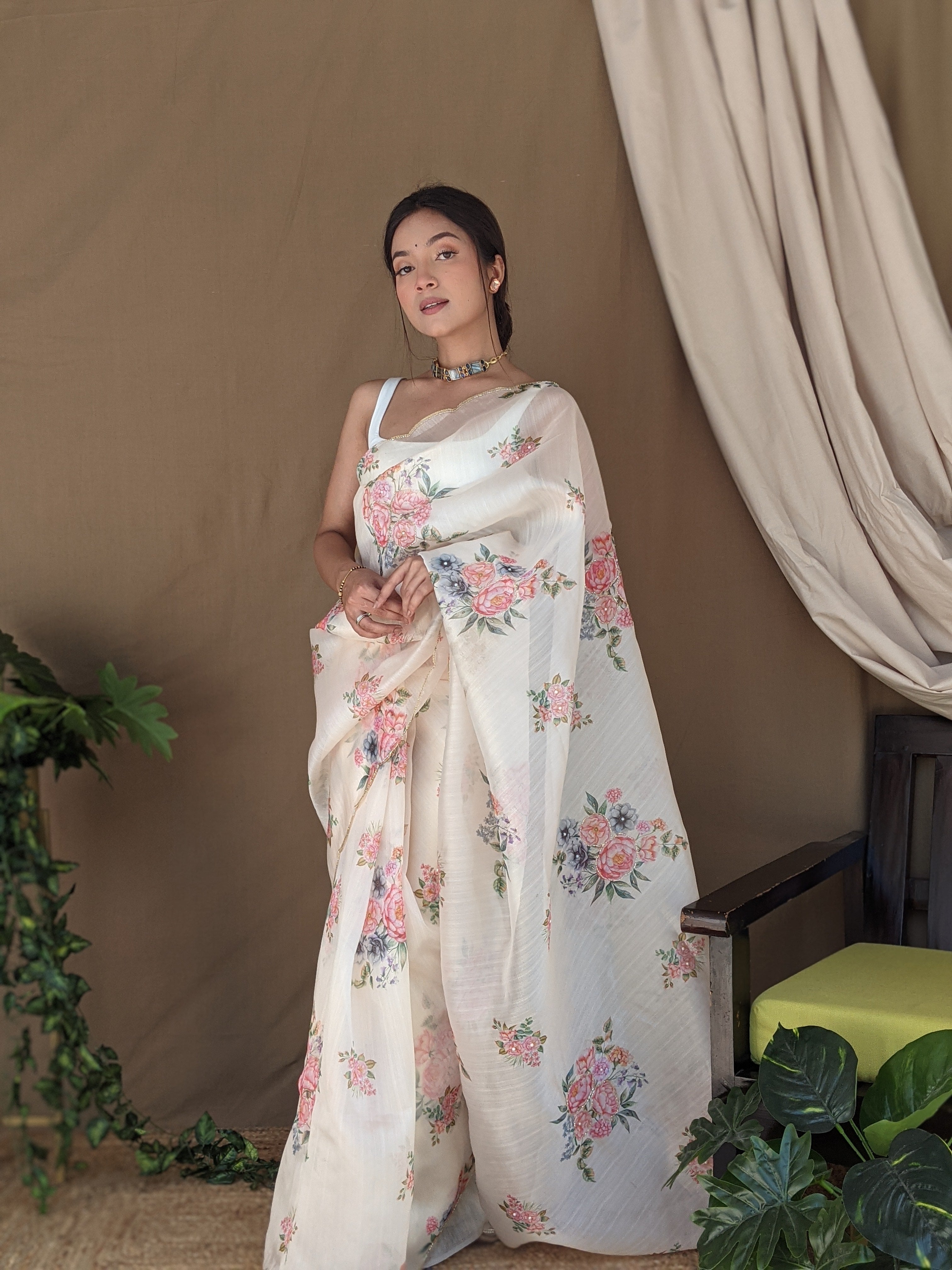 Cream Khadi Organza Saree With Satin Benglori Blouse