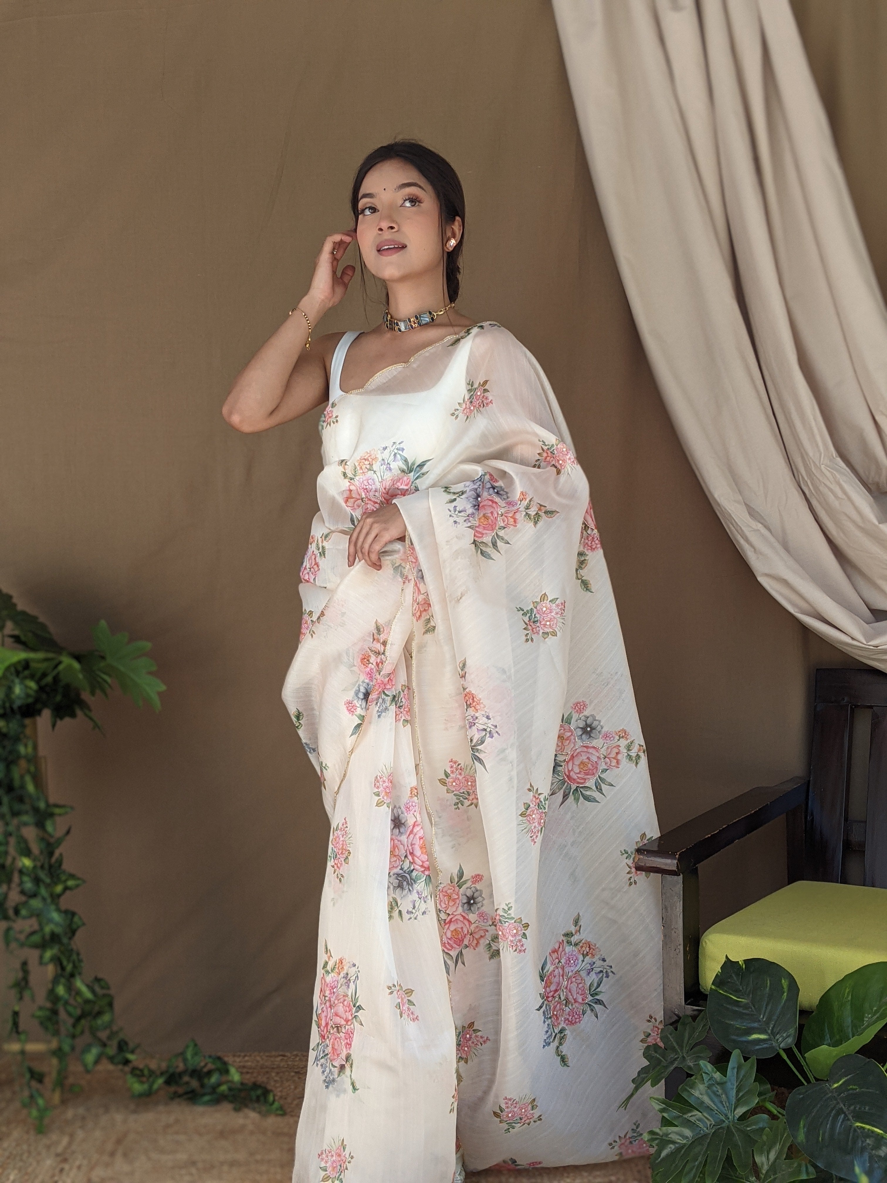 Cream Khadi Organza Saree With Satin Benglori Blouse