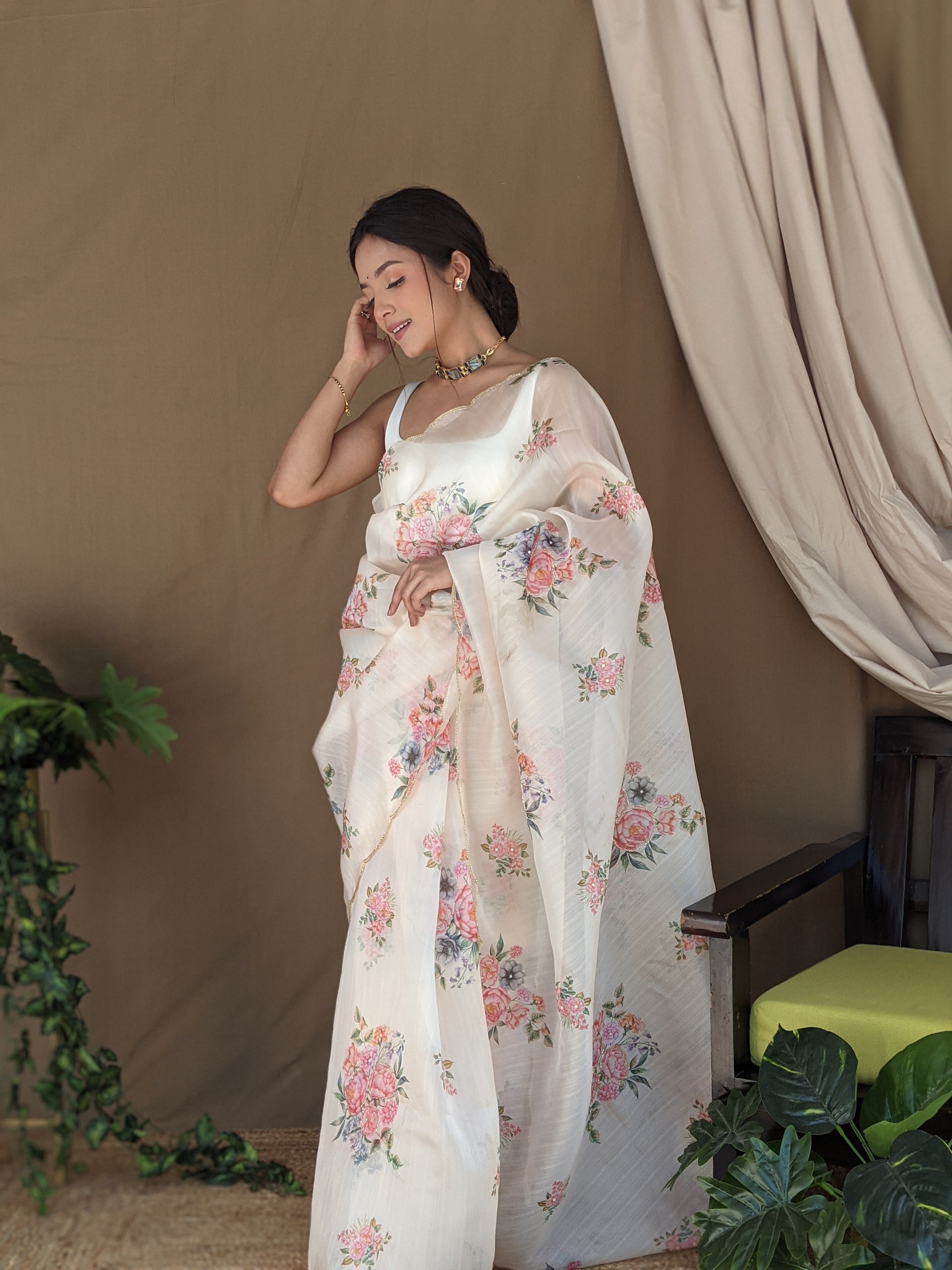 Cream Khadi Organza Saree With Satin Benglori Blouse