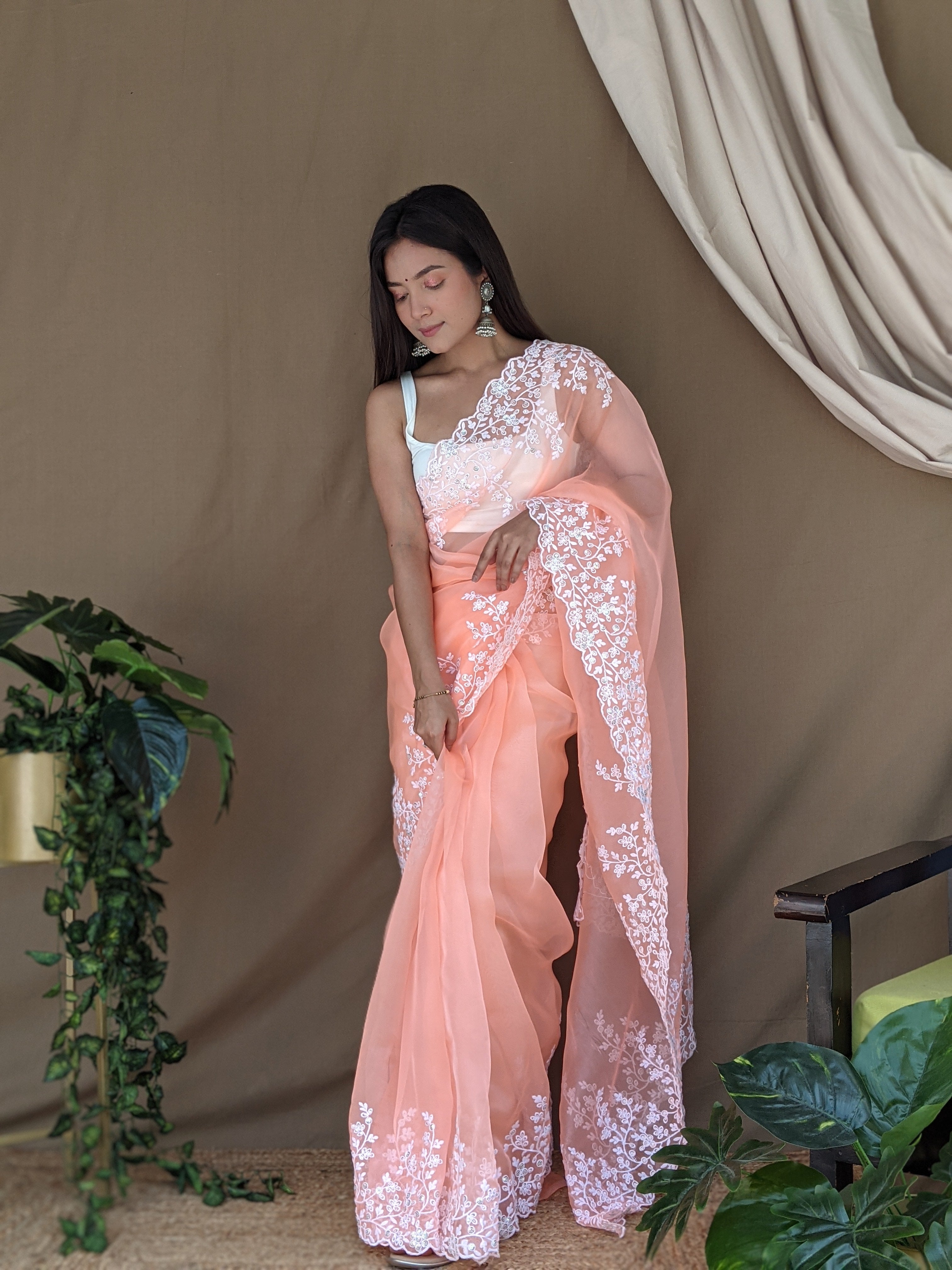 Orange Organza Saree With Satin Benglori Blouse