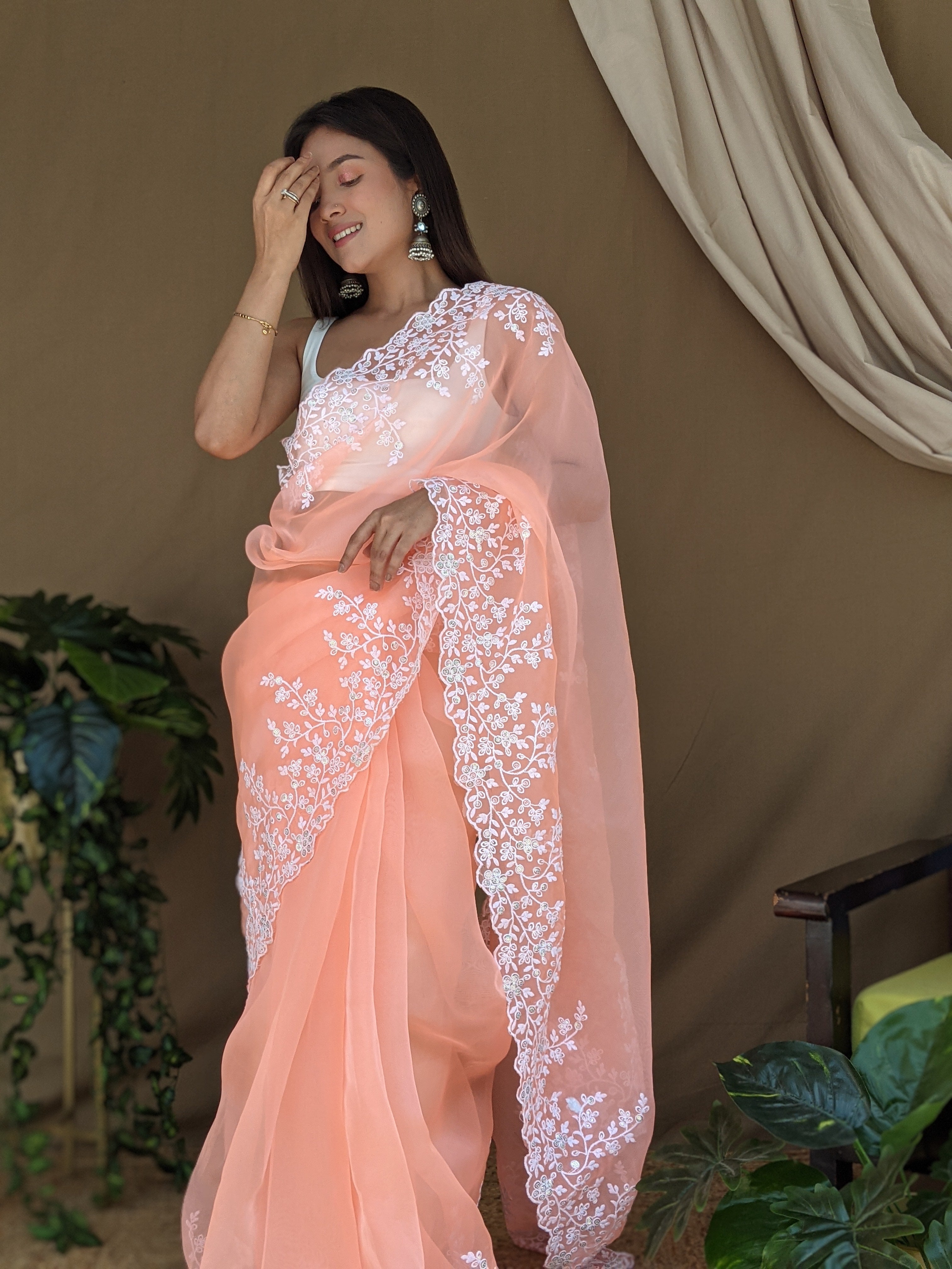 Orange Organza Saree With Satin Benglori Blouse