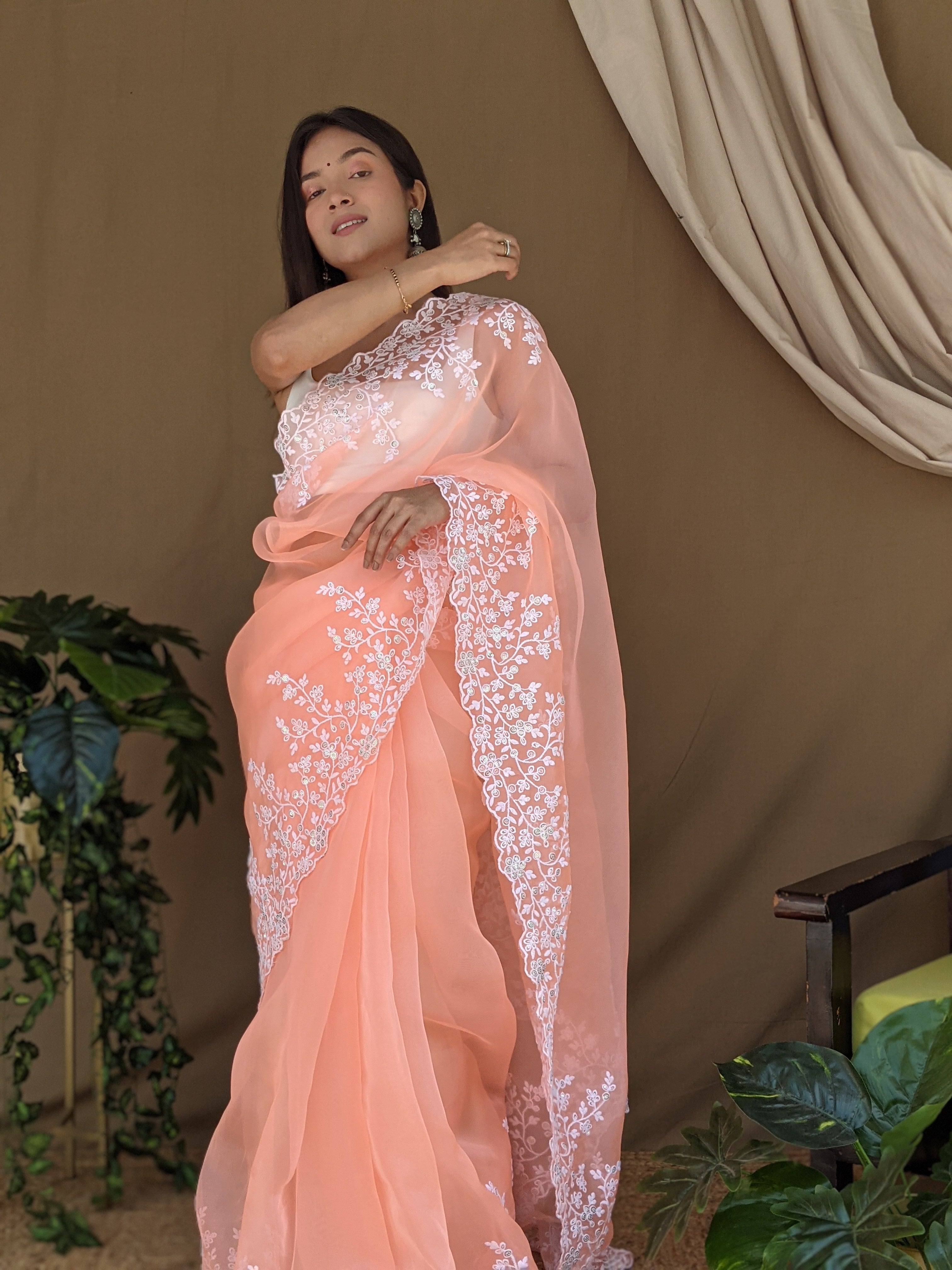 Orange Organza Saree With Satin Benglori Blouse