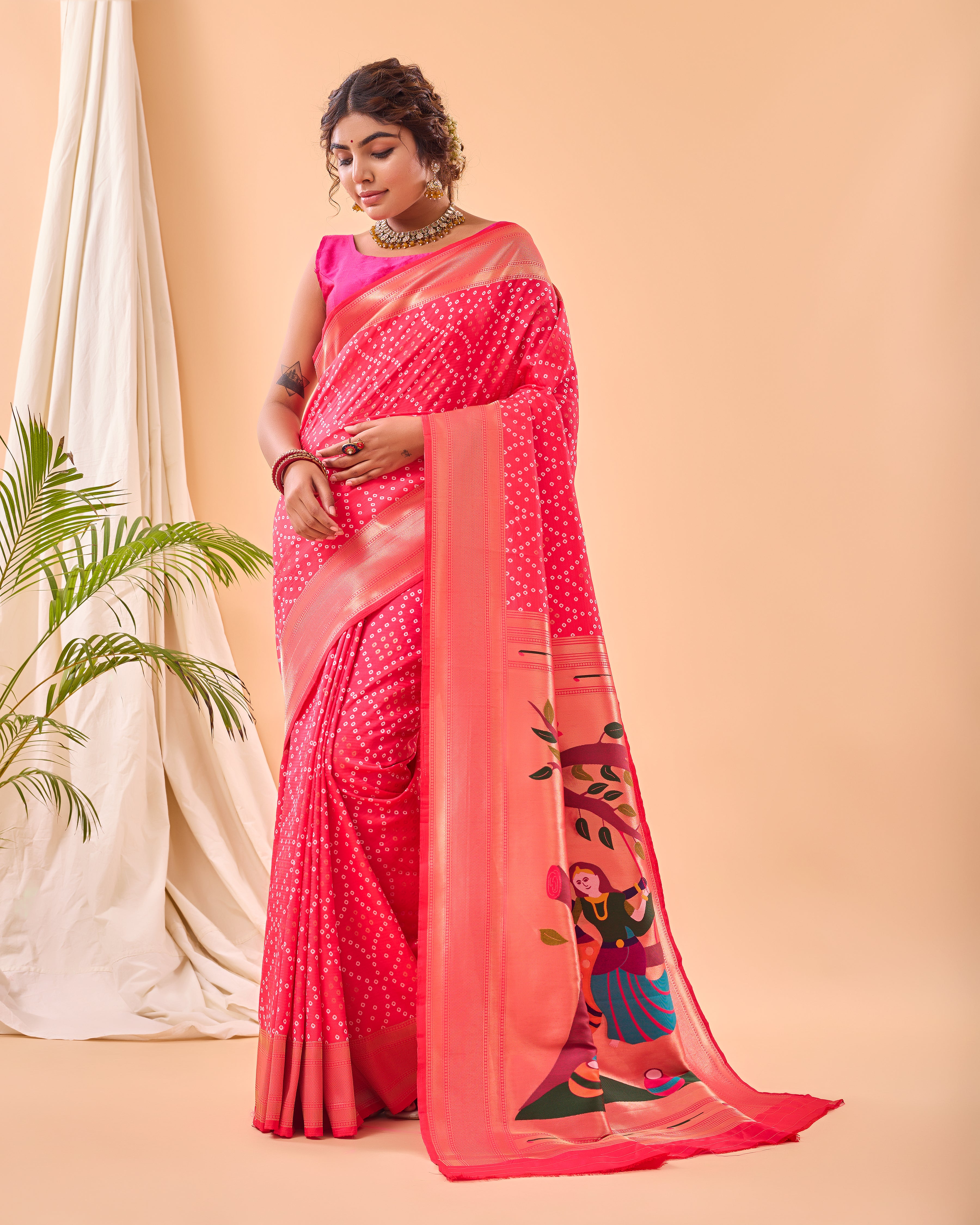 PINK Bandhani weaving SAREE