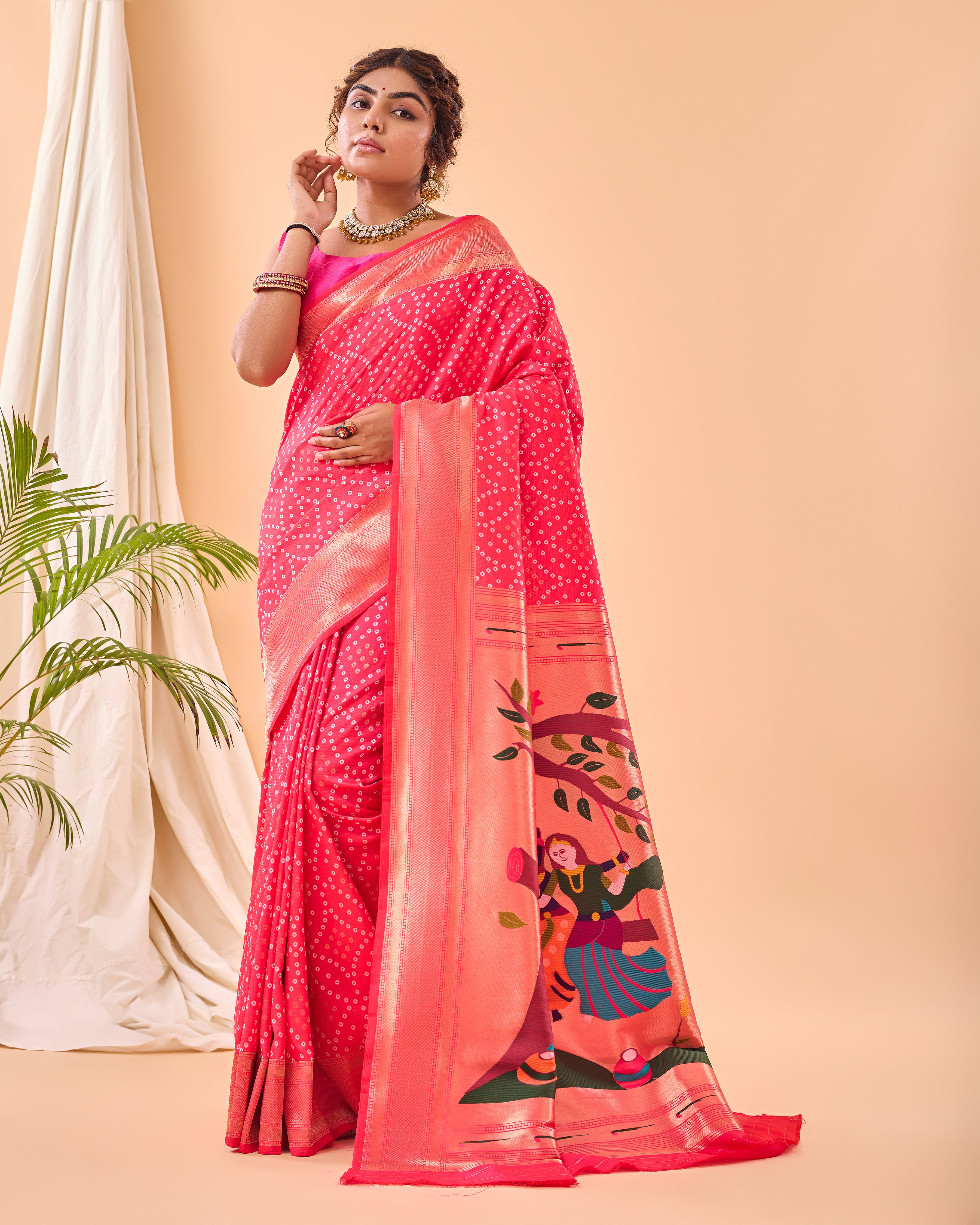 PINK Bandhani weaving SAREE