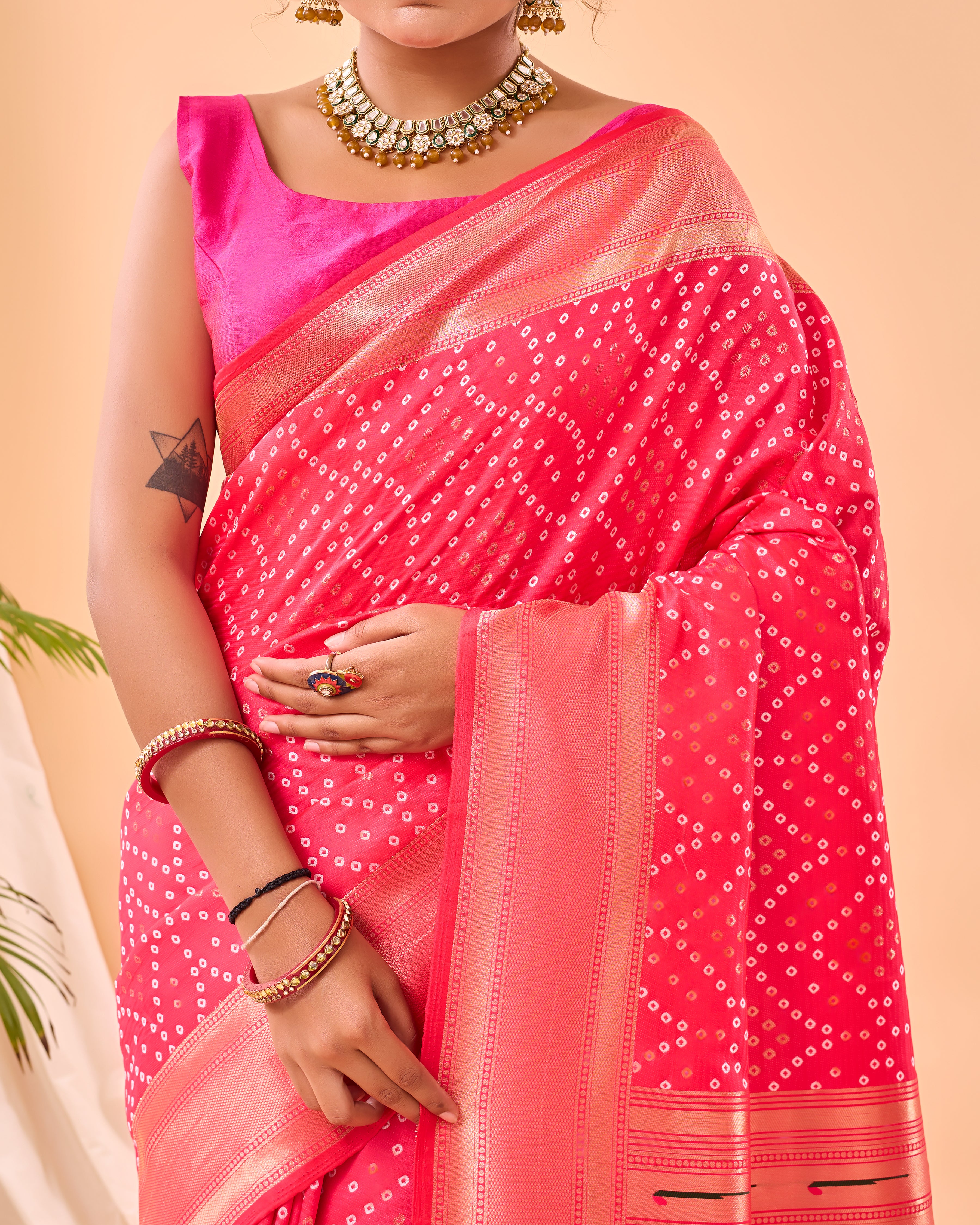 PINK Bandhani weaving SAREE