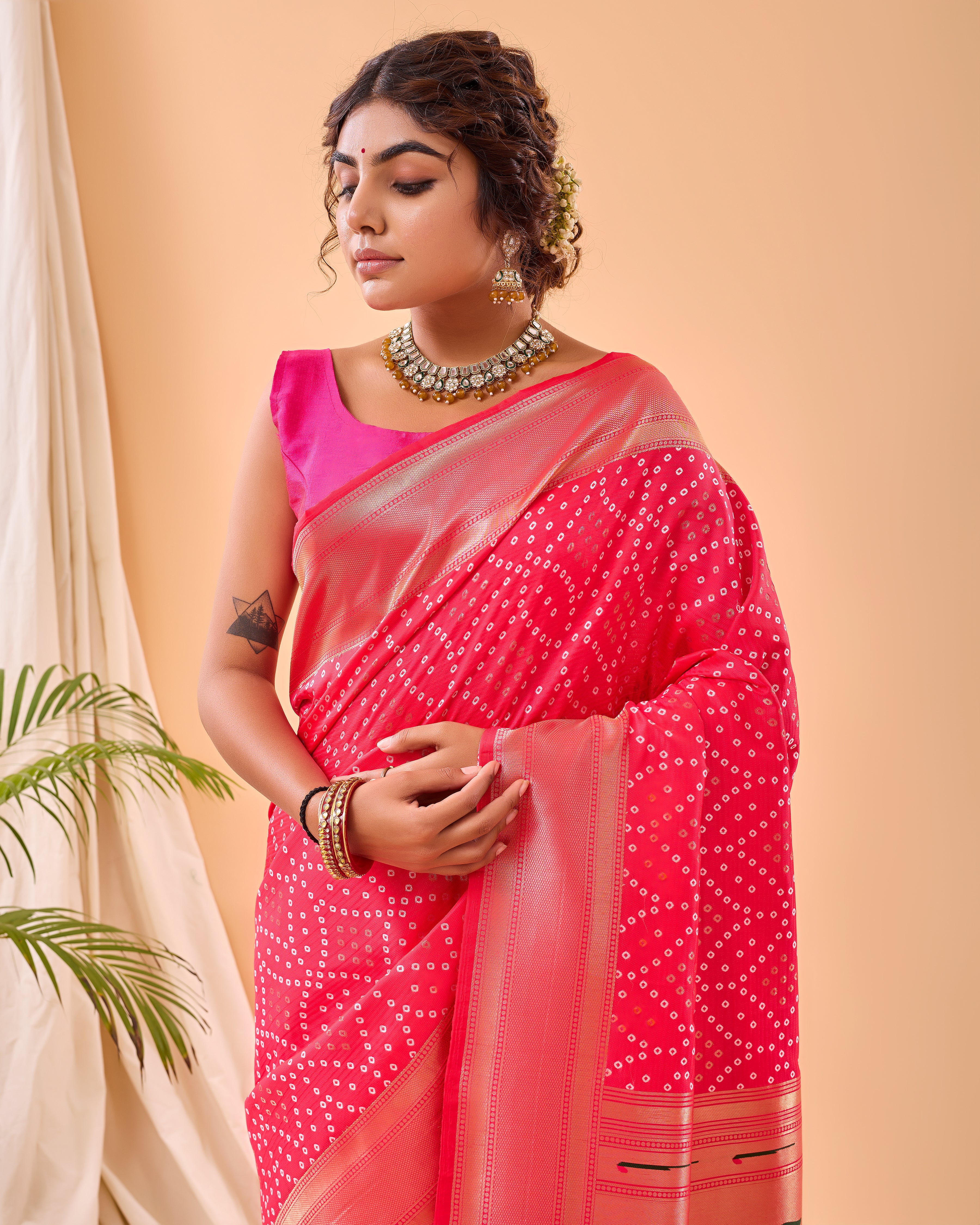 PINK Bandhani weaving SAREE