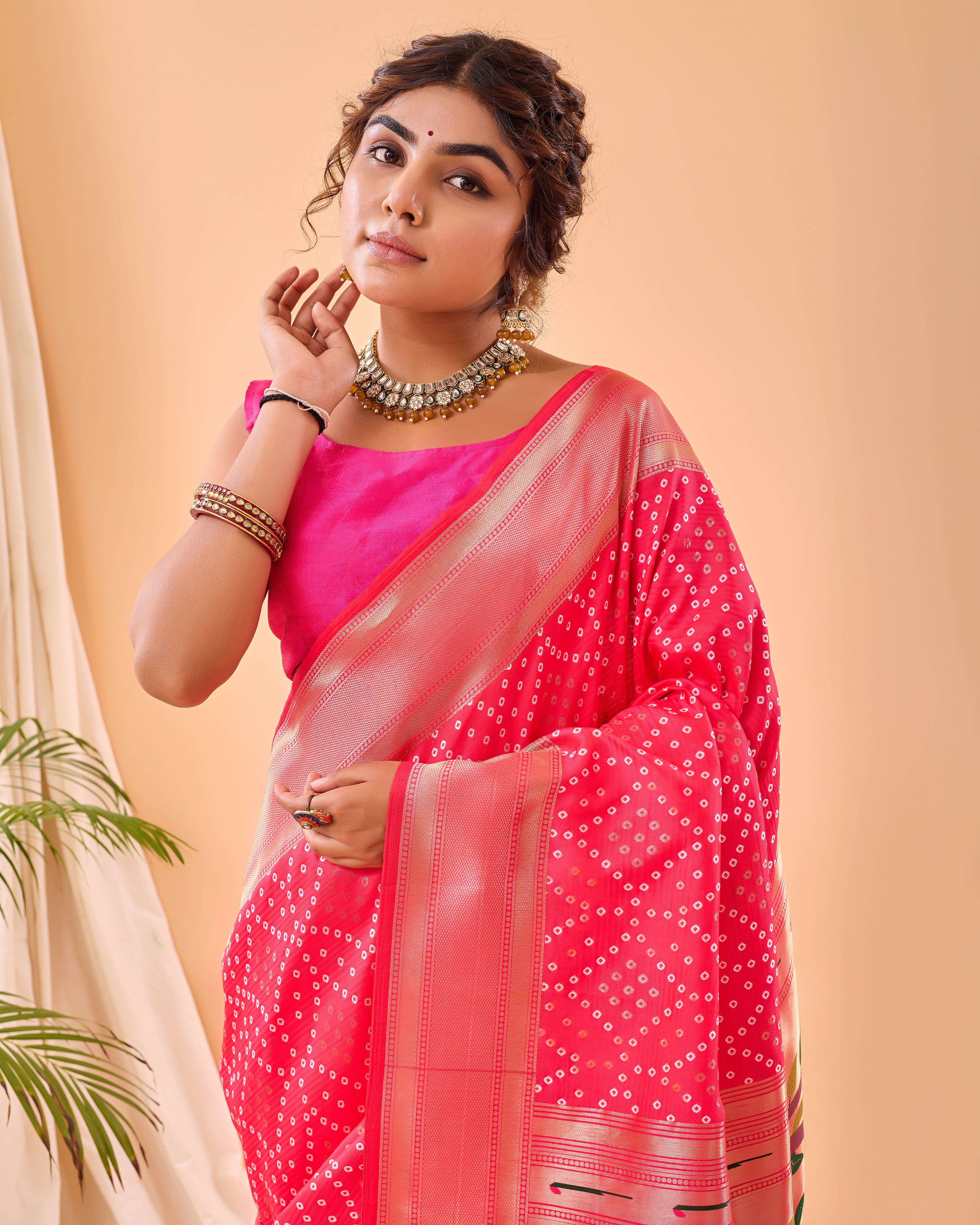 PINK Bandhani weaving SAREE