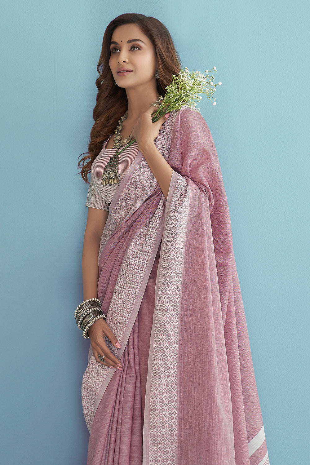 Peoney Pink Linen Saree