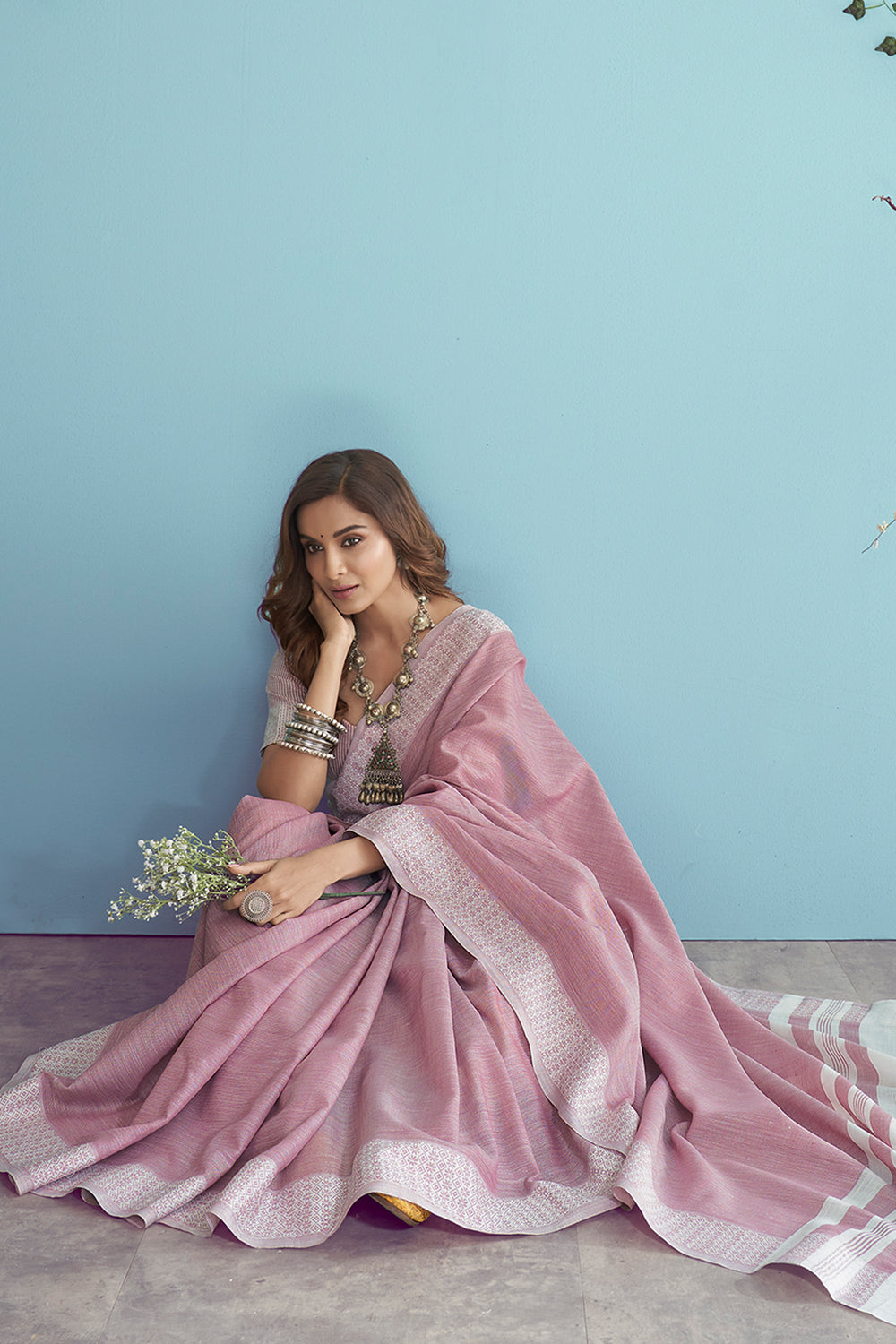 Peoney Pink Linen Saree