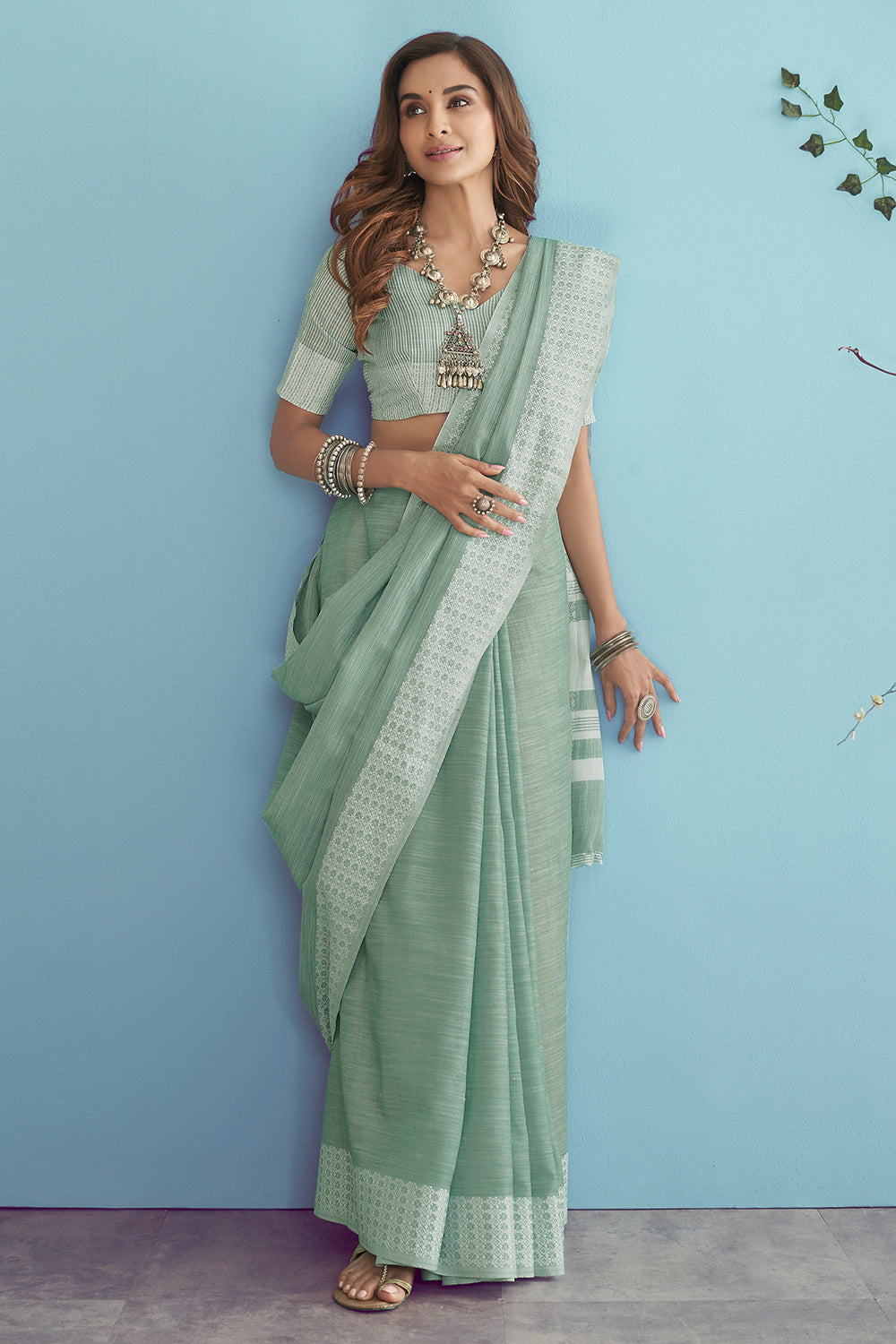 Mint Green Linen Saree