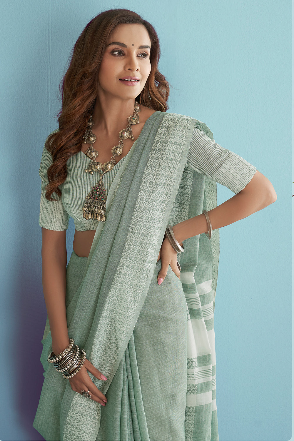 Mint Green Linen Saree