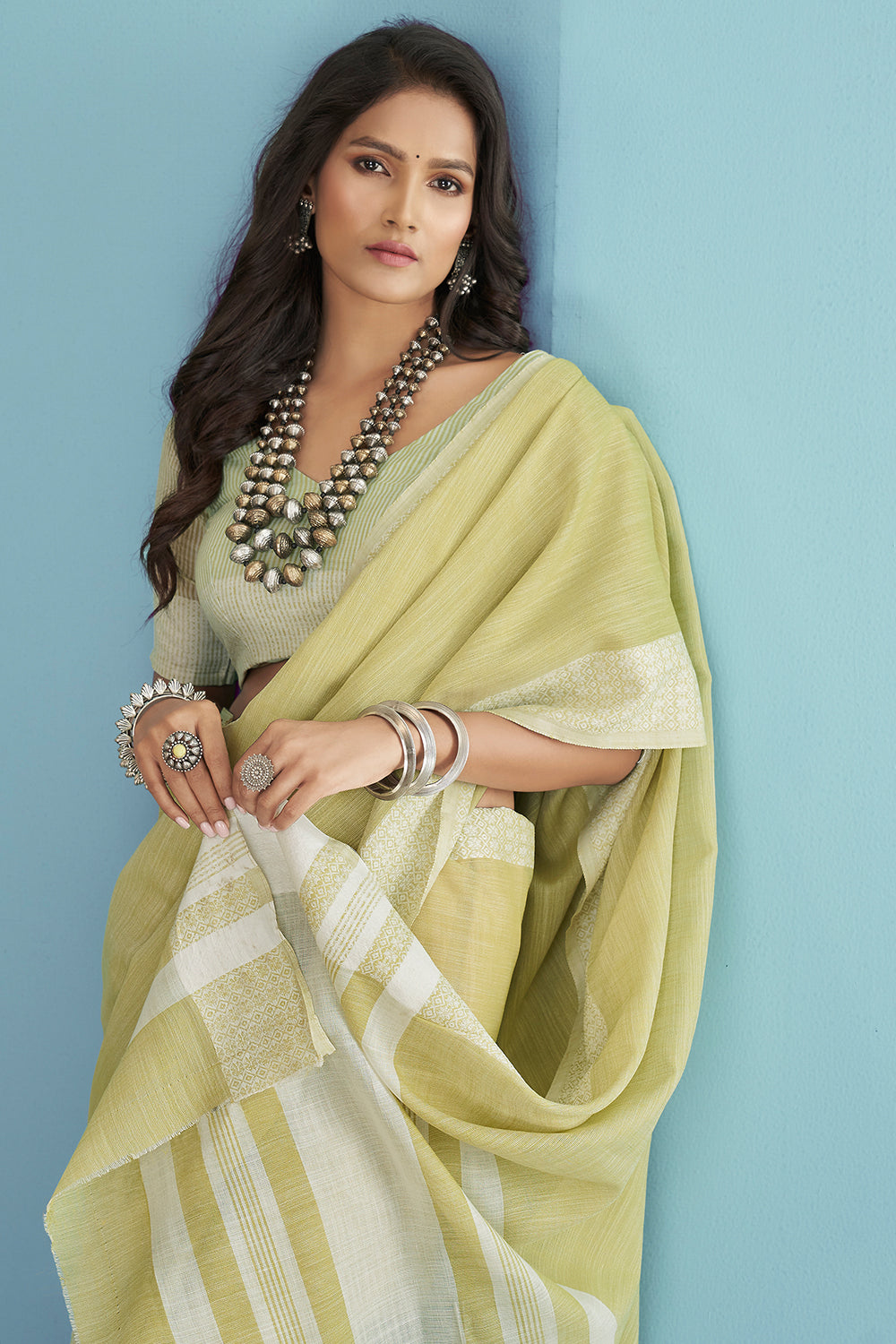 Sheen Green Linen Saree