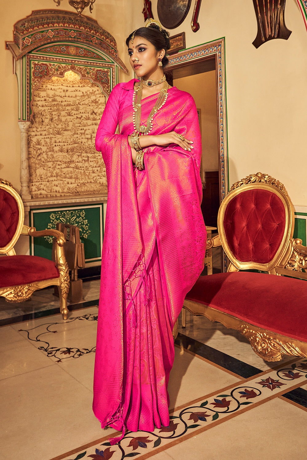 Pink Soft Handloom Weaving silk with Copper Zari