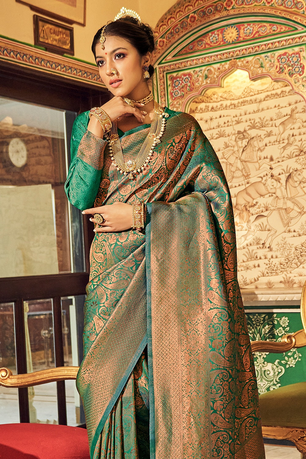 Green Soft Handloom Weaving silk with Copper Zari