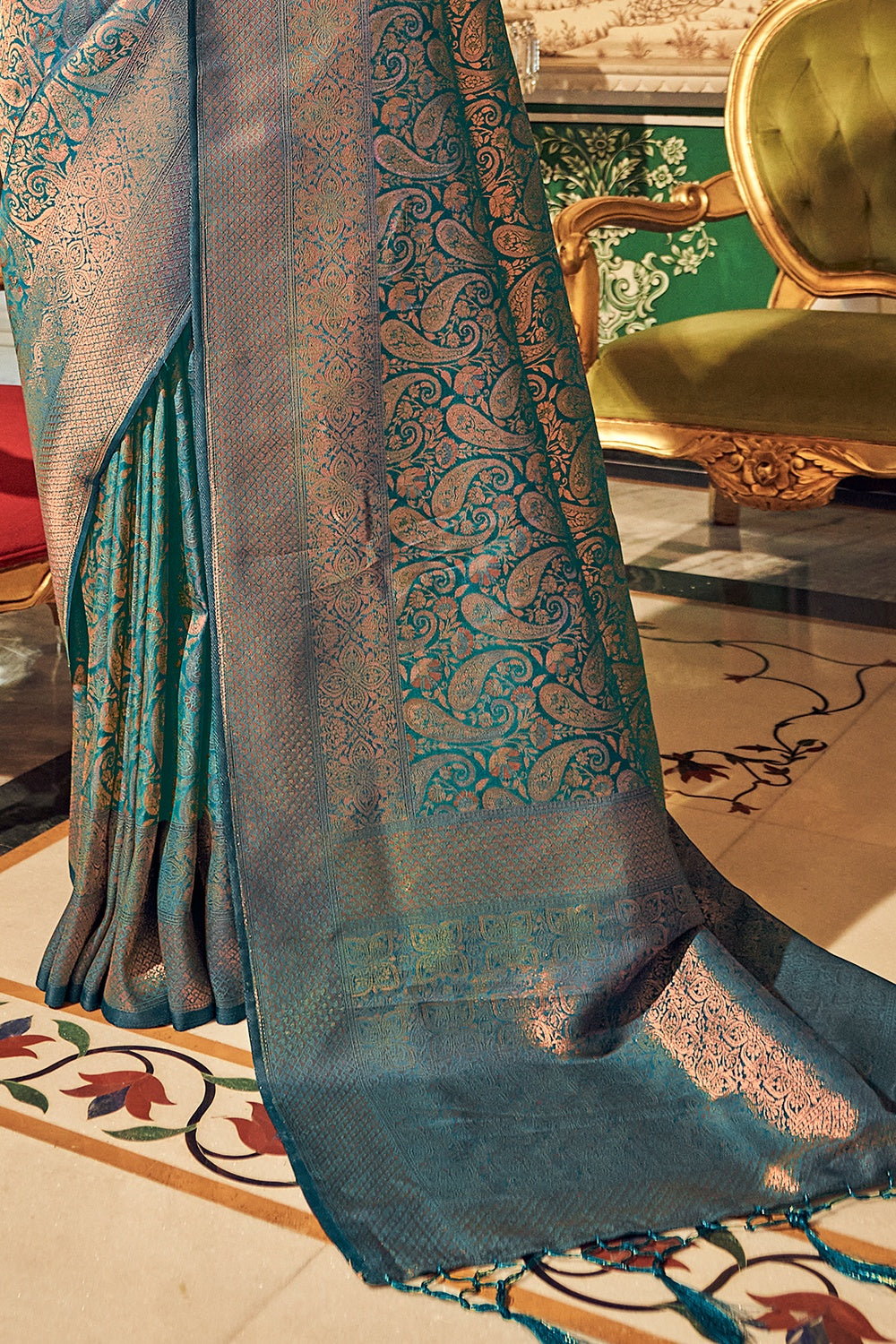 Blue Soft Handloom Weaving silk with Copper Zari