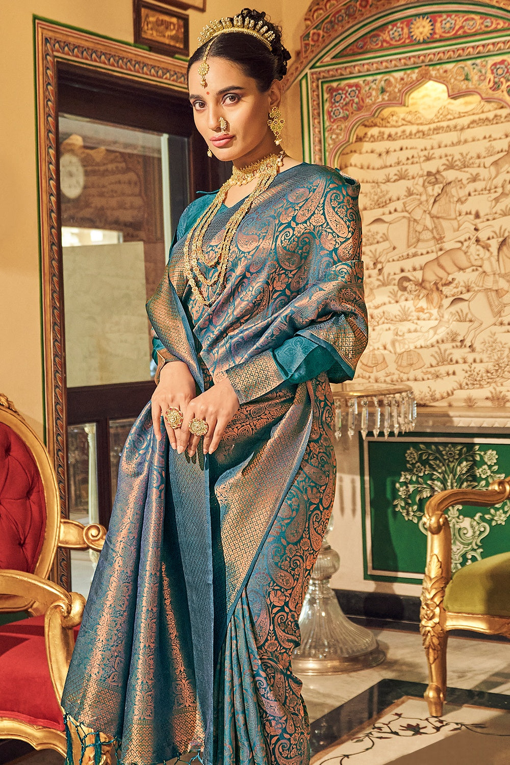 Blue Soft Handloom Weaving silk with Copper Zari