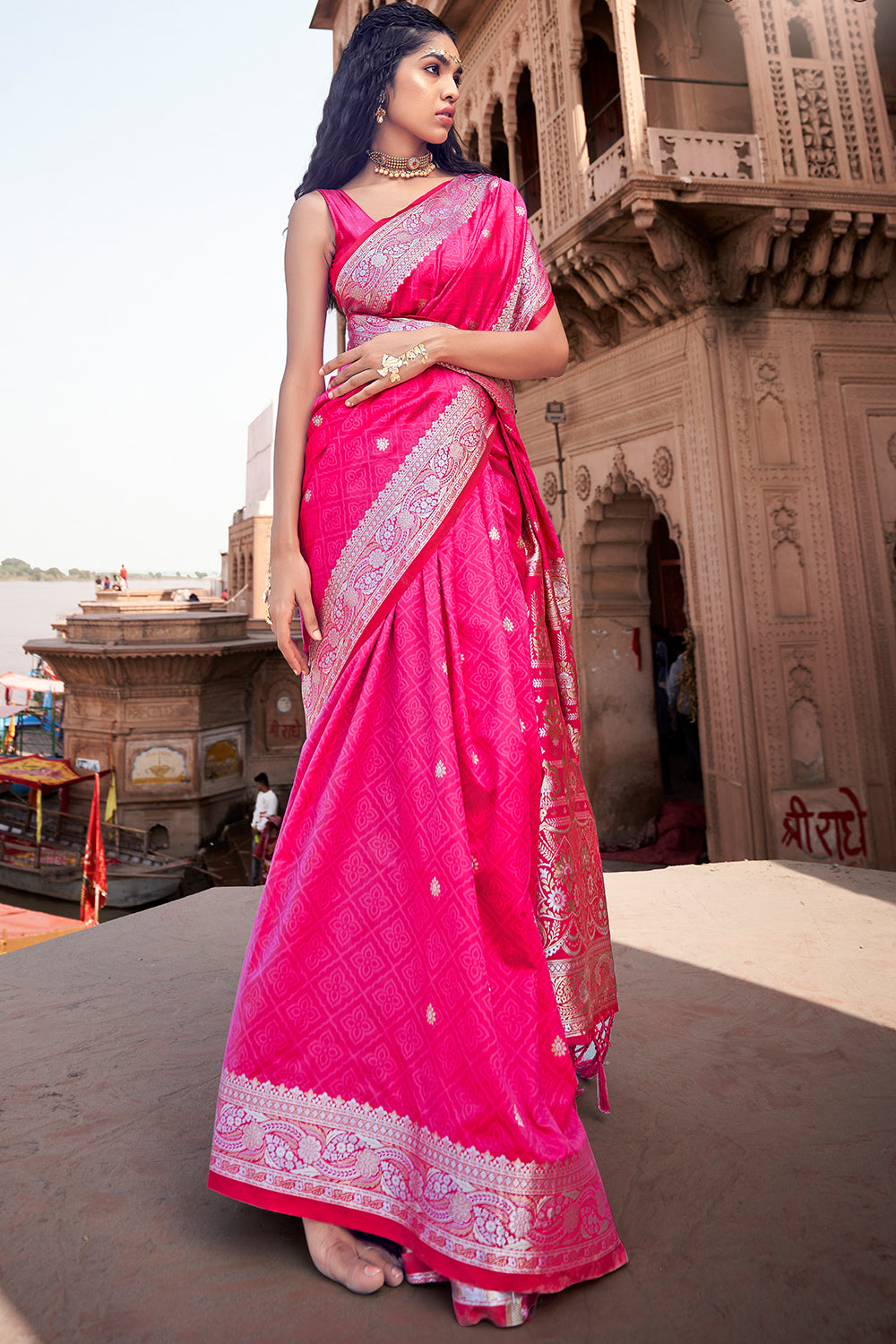 Ruby Pink Satin Saree