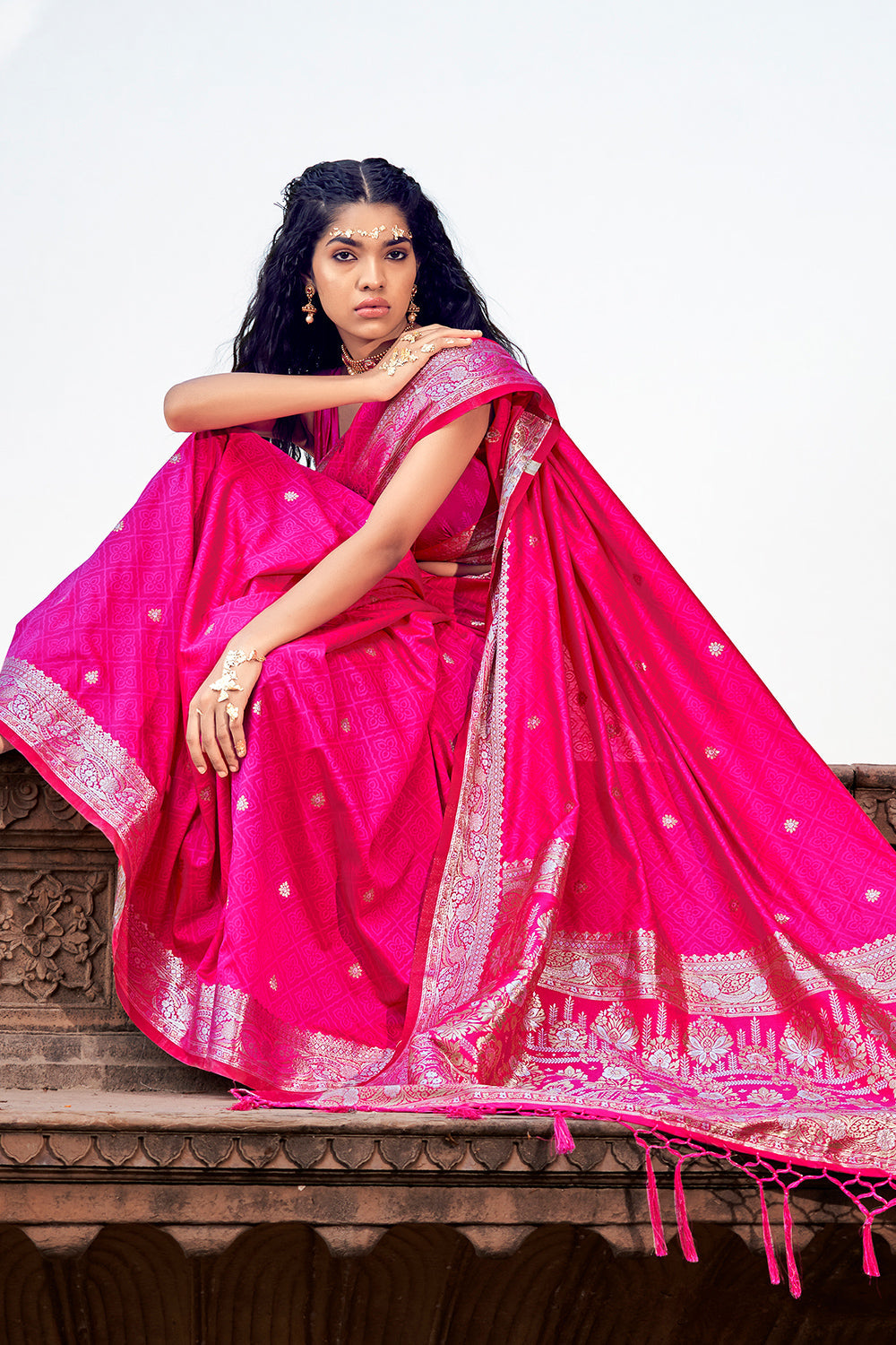 Ruby Pink Satin Saree