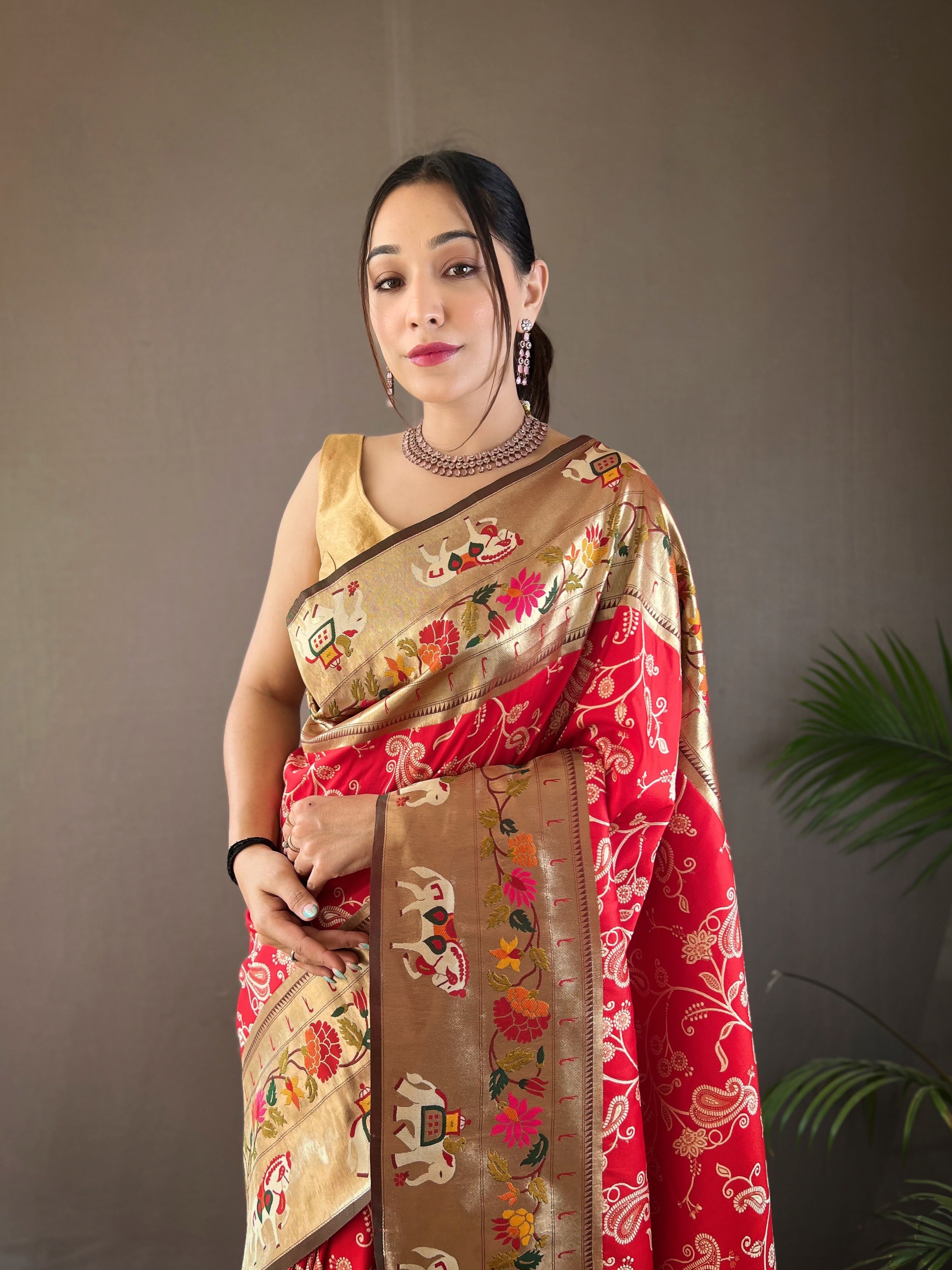 RED Lucknowi Weaving SAREE