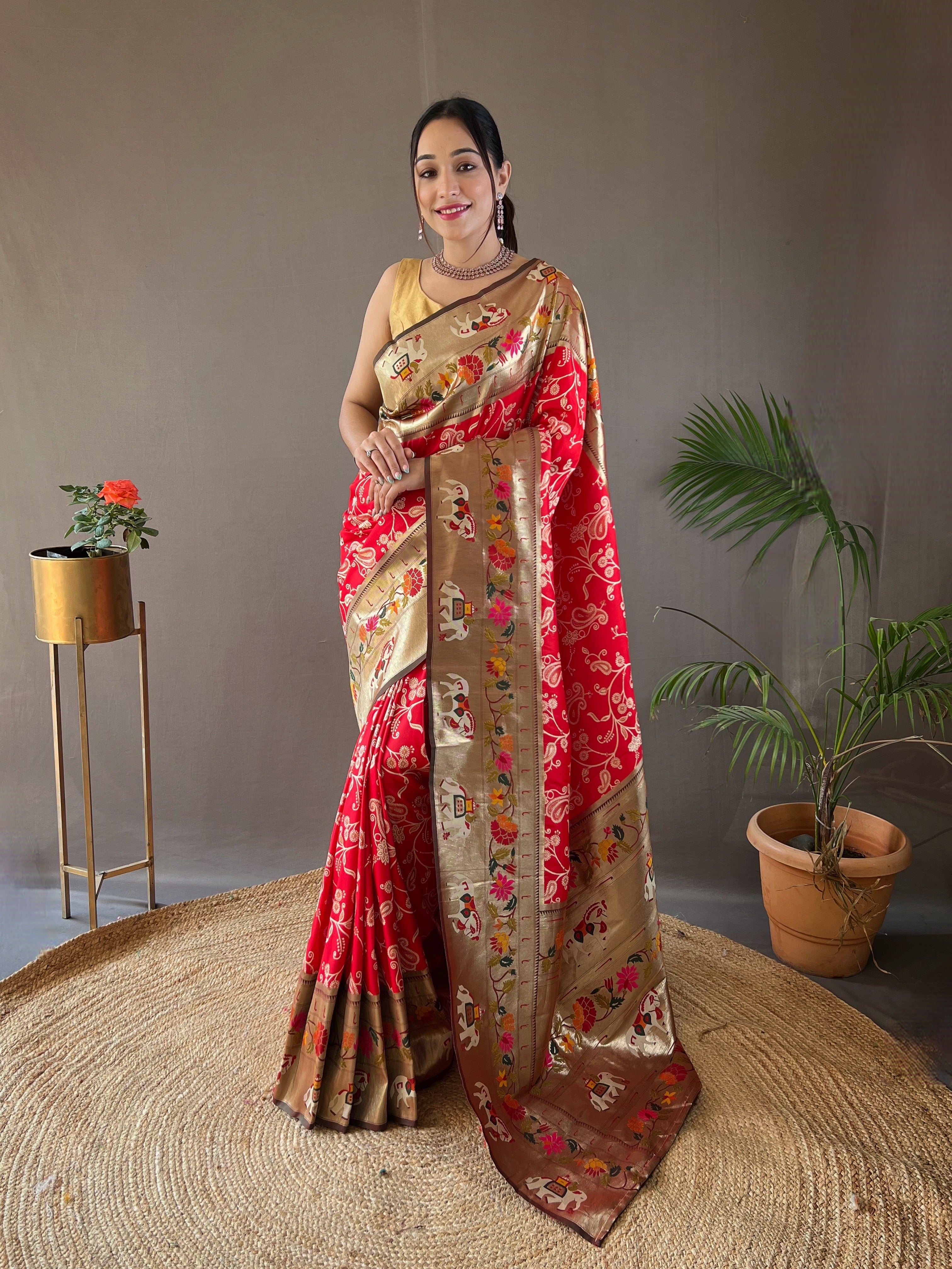 RED Lucknowi Weaving SAREE