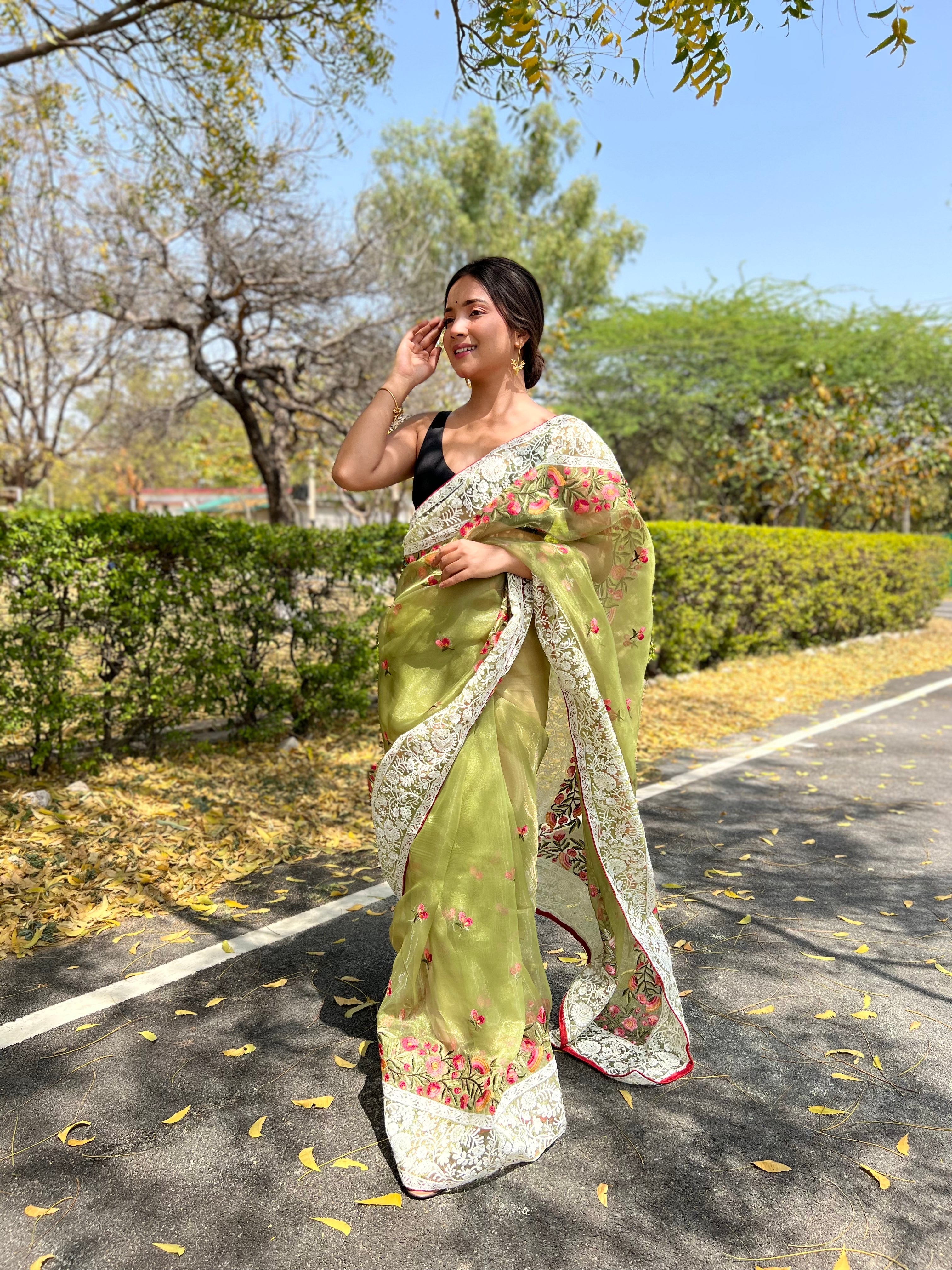 GREEN Organza Saree With silk Blouse