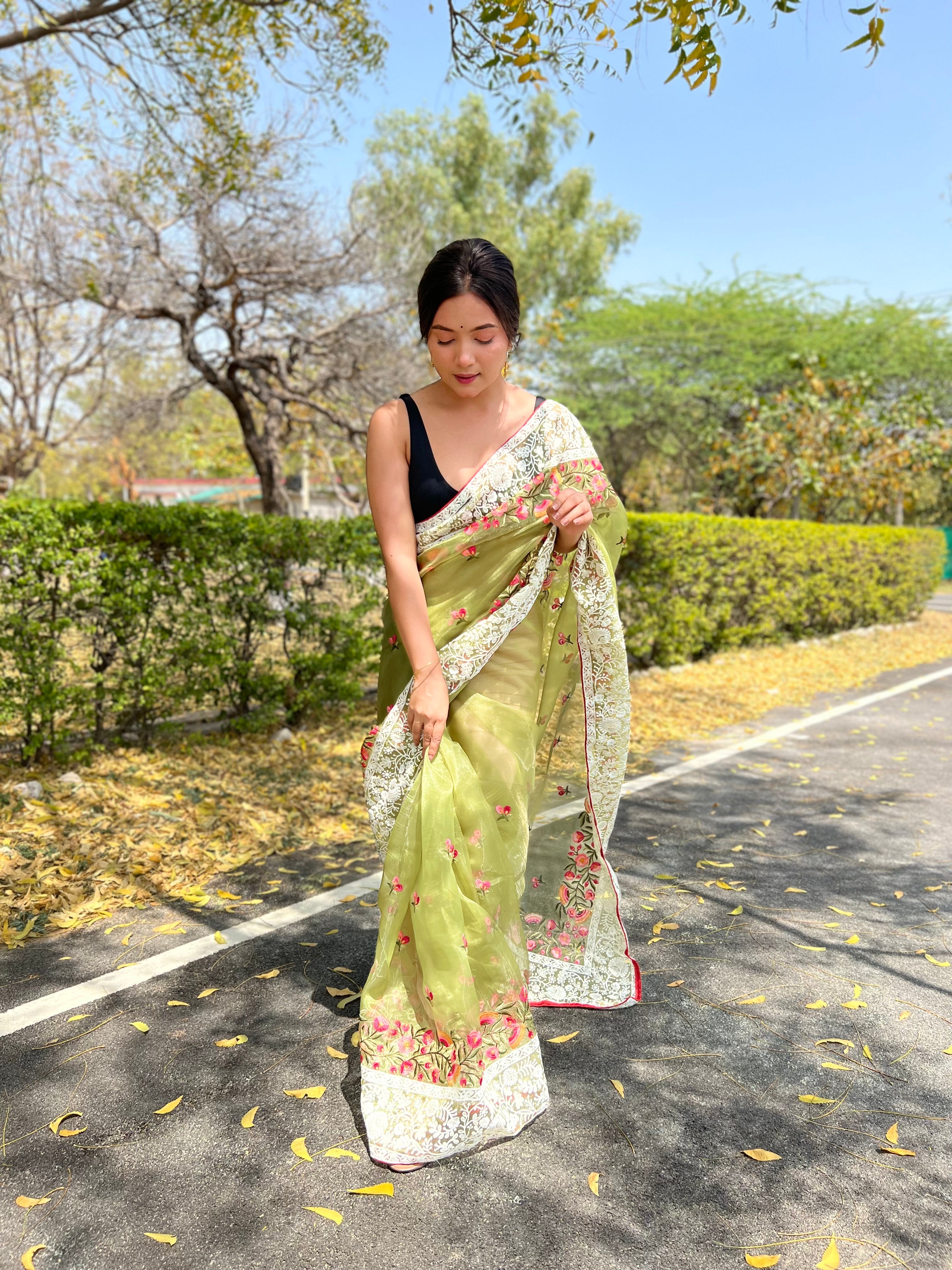 GREEN Organza Saree With silk Blouse