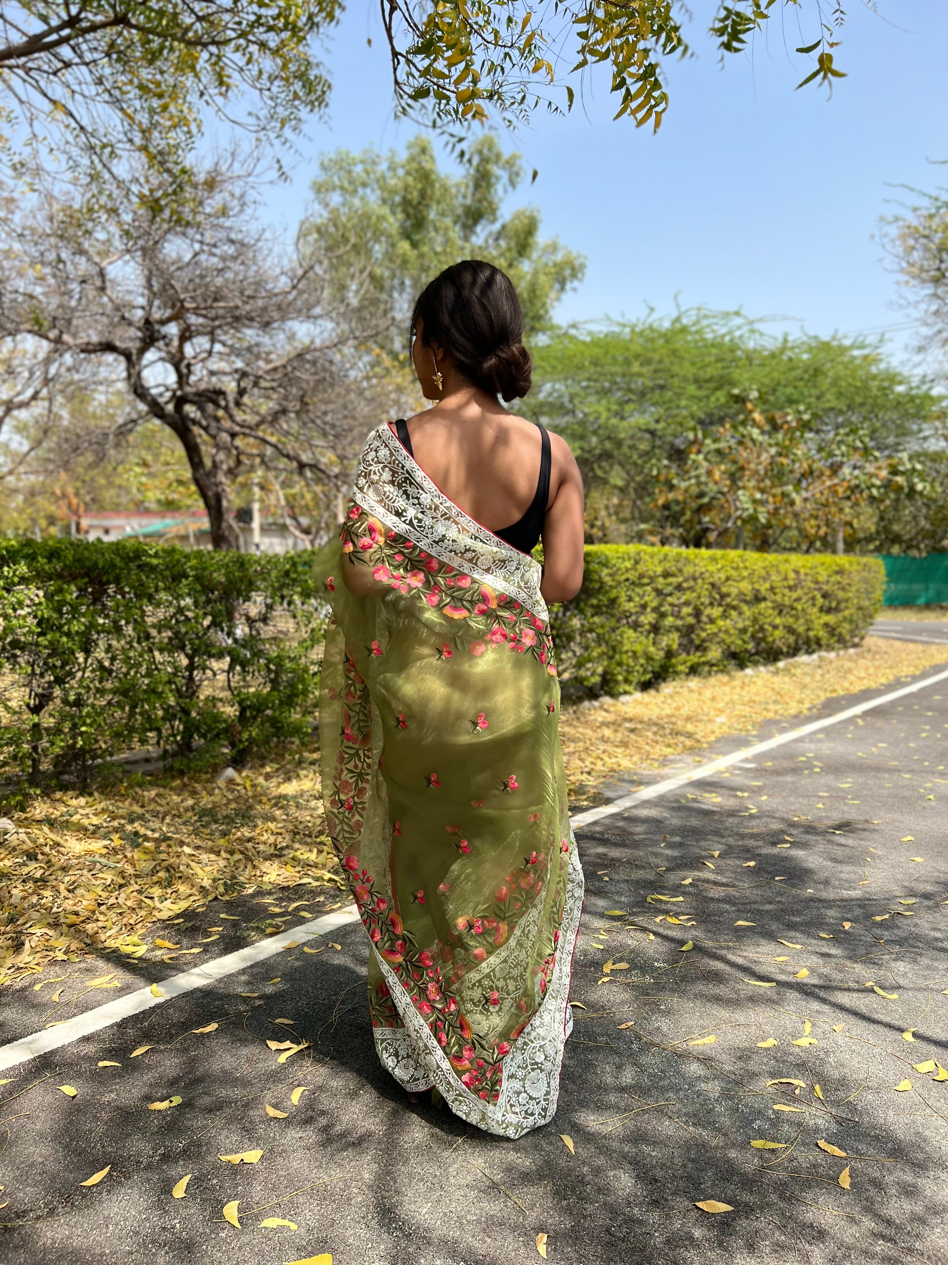 GREEN Organza Saree With silk Blouse