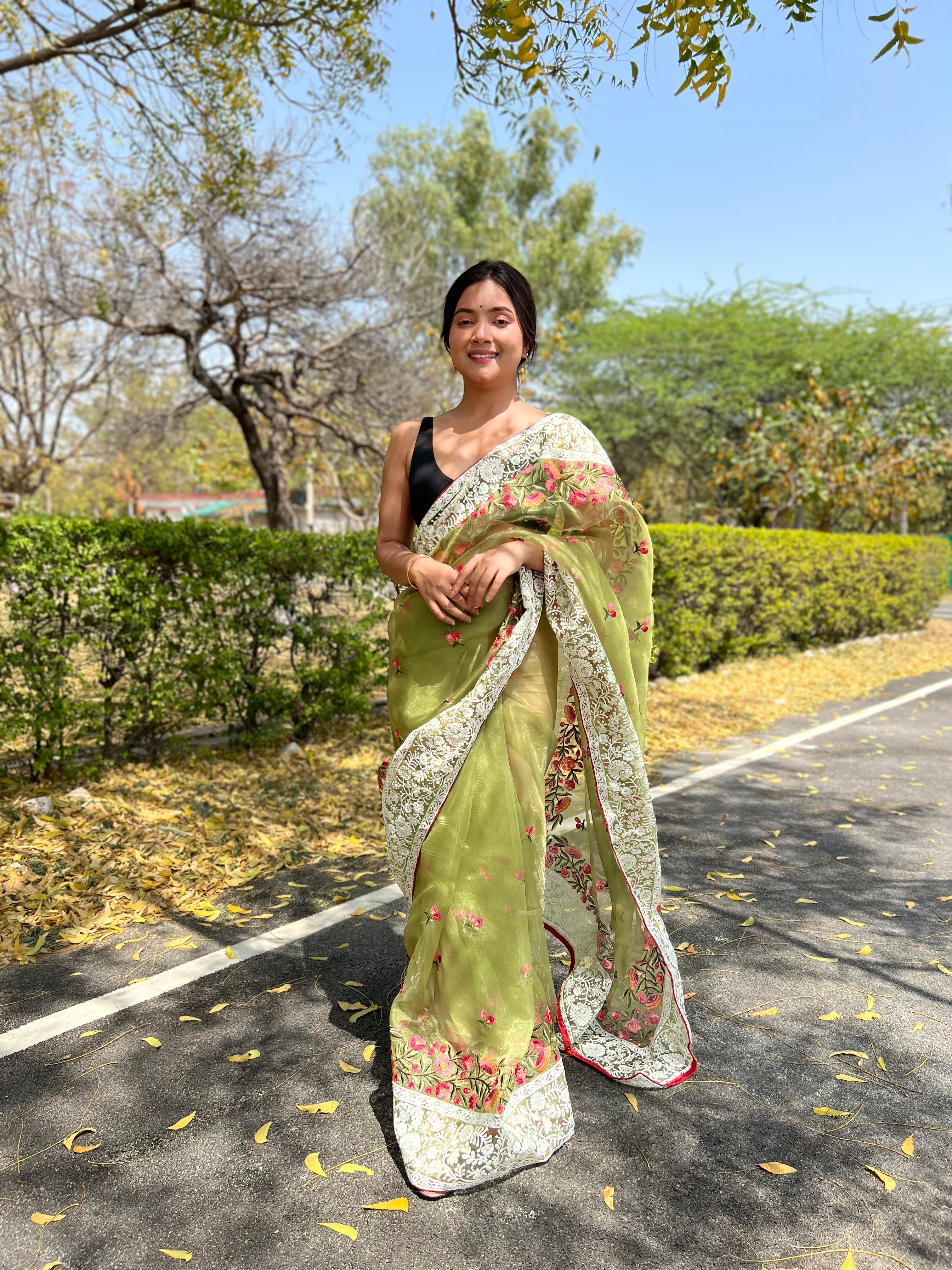 GREEN Organza Saree With silk Blouse